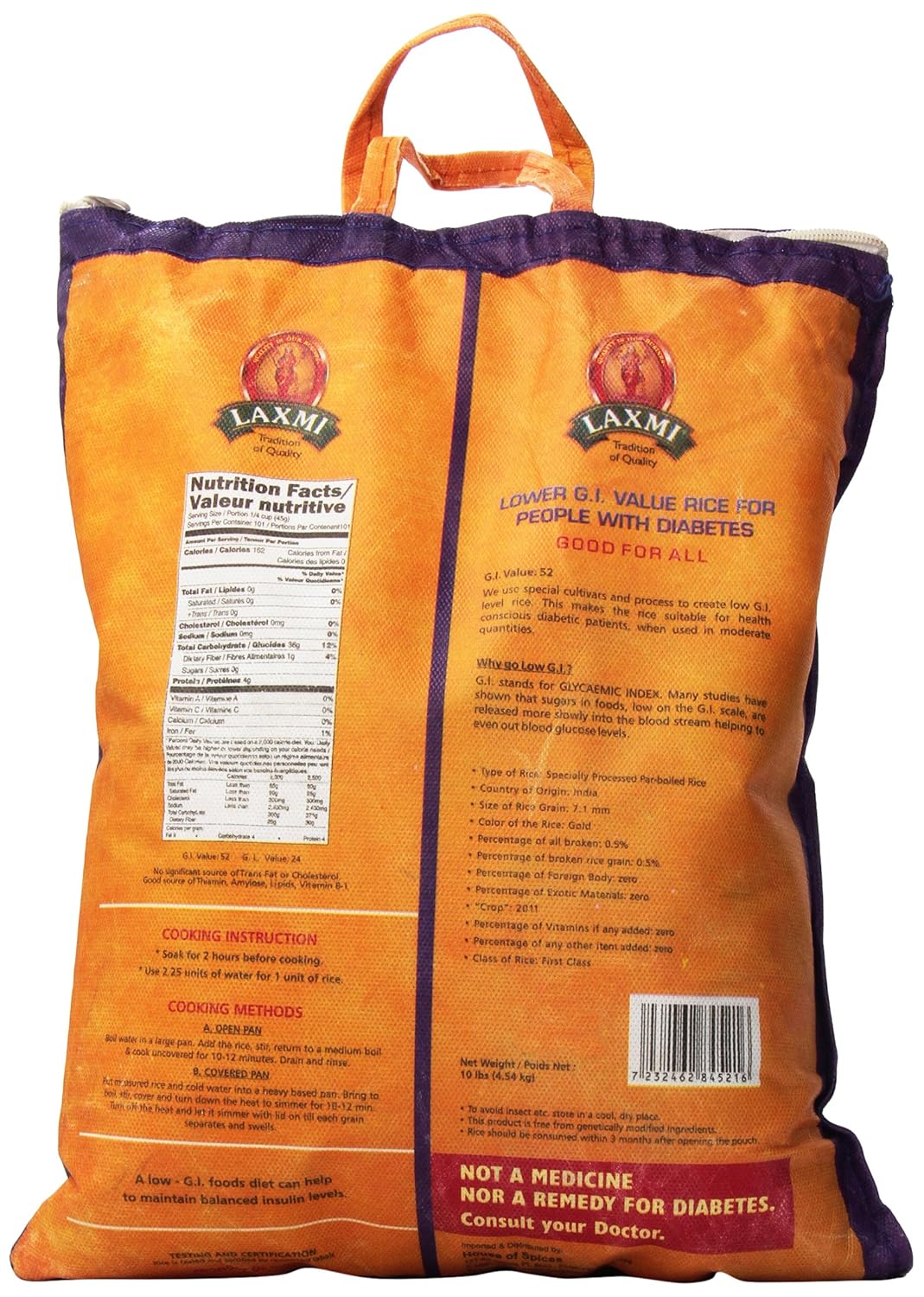 Laxmi Diabetic Friendly Basmati Rice with Lower G.I. Index Value - 10lb