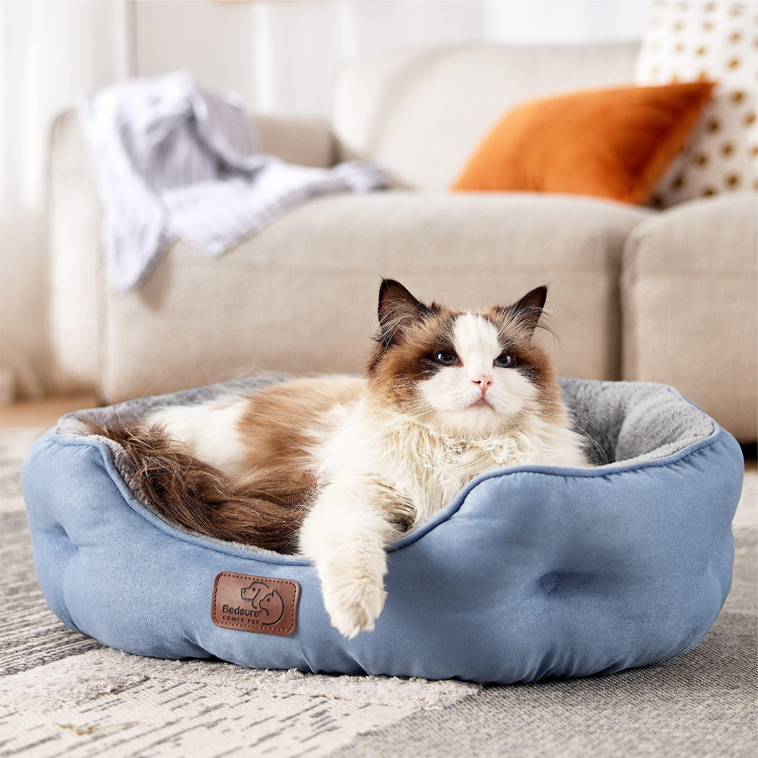 BEDSURE Katzenbett waschbar Katzen Bettchen - 51x48x15cm Katzenkorb mit Zweiseitig Innenkissen Katzenschlafplatz für Katzen oder kleine Hunde,Grau