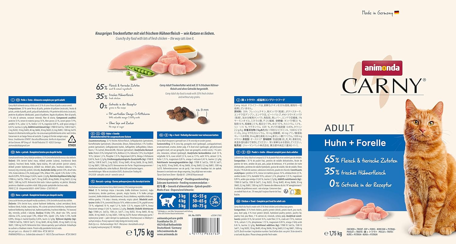 animonda Carny Katzen Trockenfutter Huhn und Rind (1 x 1,75 kg), Trockenfutter für ausgewachsene Katzen ohne Zucker und Getreide, mit frischem Hühnerfleisch und Rinderprotein