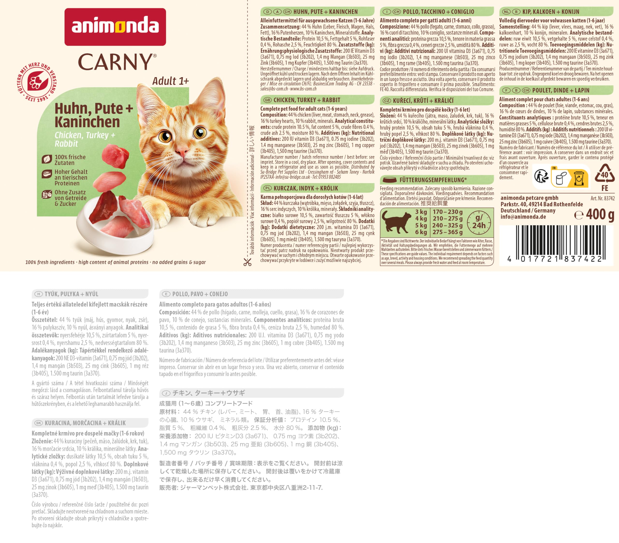 animonda Carny Adult Huhn + Lachs (6 x 400 g), Katzennassfutter für ausgewachsene Katzen, Nassfutter mit 100 % frischen, fleischlichen Zutaten, Katzenfutter ohne Getreide und Zucker