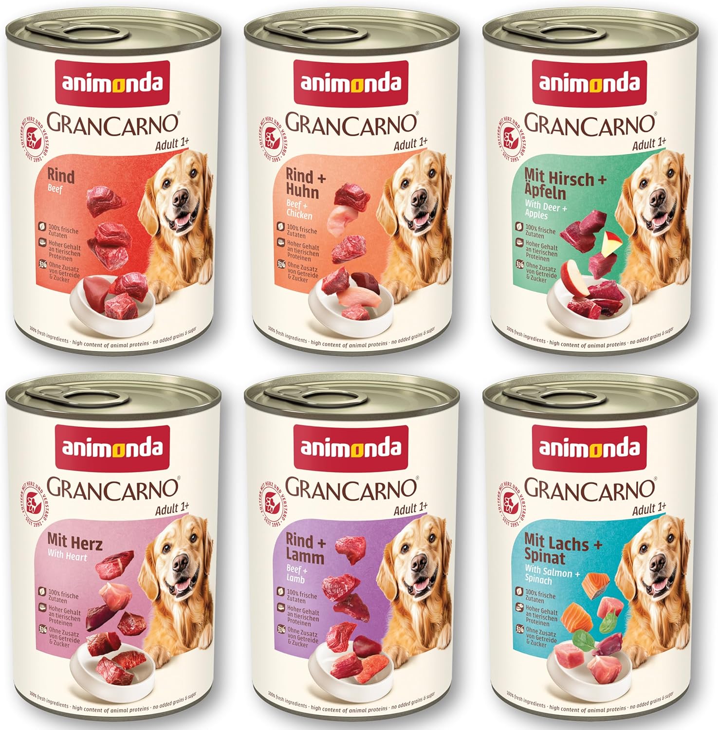 animonda GranCarno Adult Deftige Variation (6 x 800 g), Hundenassfutter für ausgewachsene Tiere, Nassfutter für Hunde mit 100% frischen, fleischlichen Zutaten, Hundefutter ohne Getreide