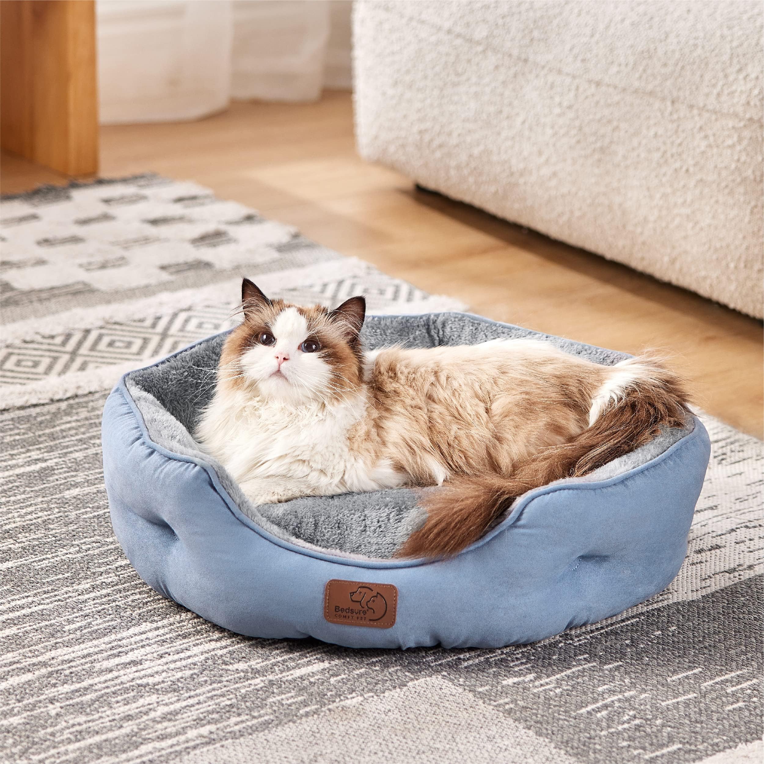 BEDSURE Katzenbett waschbar Katzen Bettchen - 51x48x15cm Katzenkorb mit Zweiseitig Innenkissen Katzenschlafplatz für Katzen oder kleine Hunde,Grau