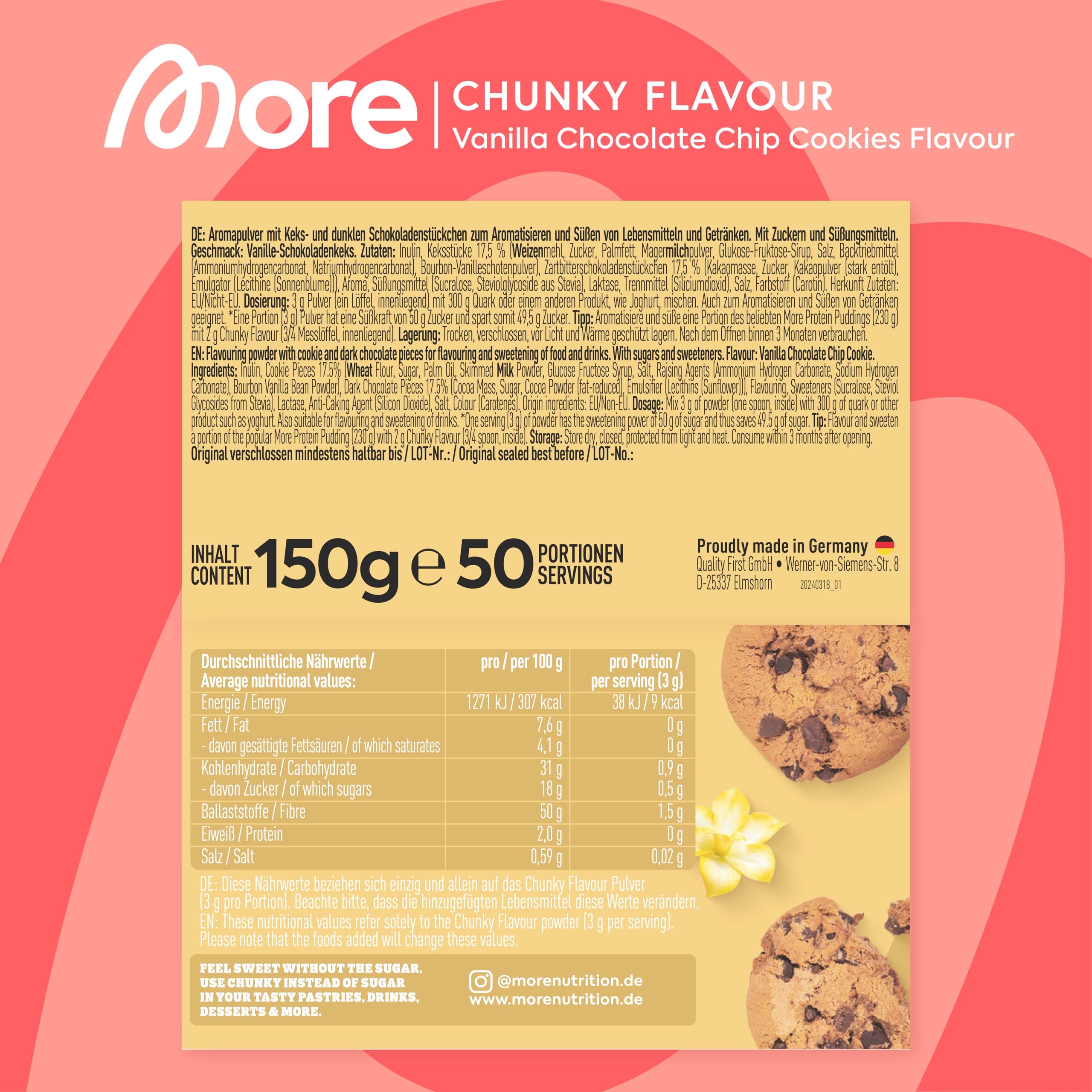 MORE Chunky Flavour, Vanilla Perfection, 150 g, vegan, Geschmackspulver zum Süßen, ohne viel Zucker und Kalorien, mit Inulin und Laktase - made in Germany