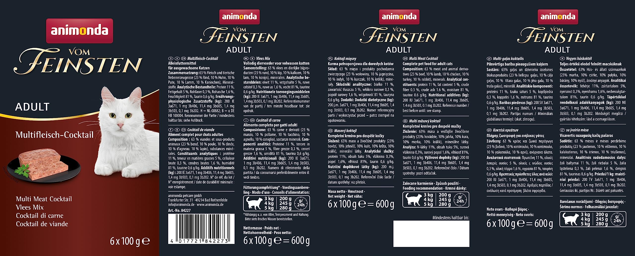 animonda Vom Feinsten Adult Vielfalt (32 x 100 g), Nassfutter für ausgewachsene Katzen, Katzenfutter ohne Getreide und Zucker, mit 100 % frischen, fleischlichen Zutaten