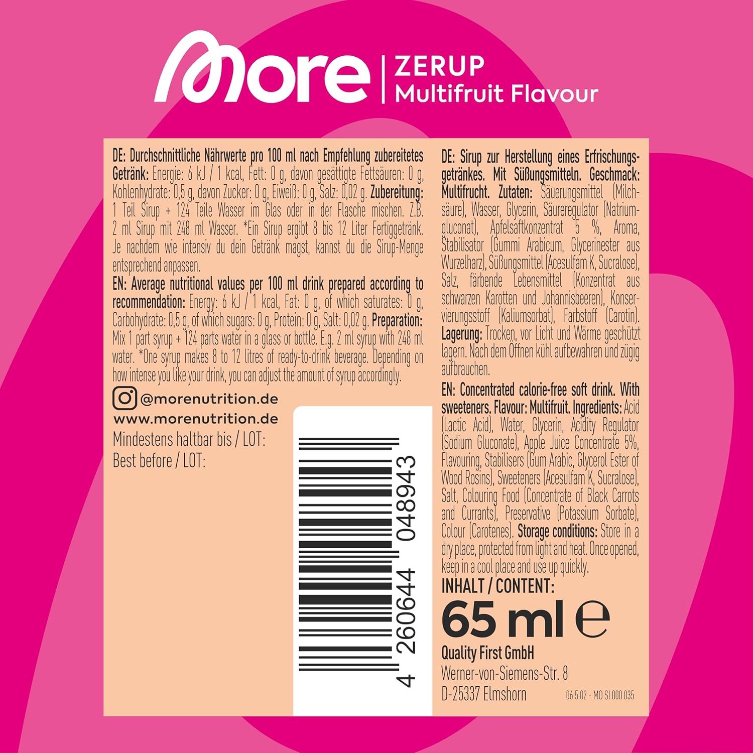 MORE Zerup, Peach Iced Tea, 65 ml, für bis zu 8 l Fertiggetränk, zuckerfreier Sirup mit u.a. echten Fruchtextrakten, vegan, zero Kalorien - made in Germany