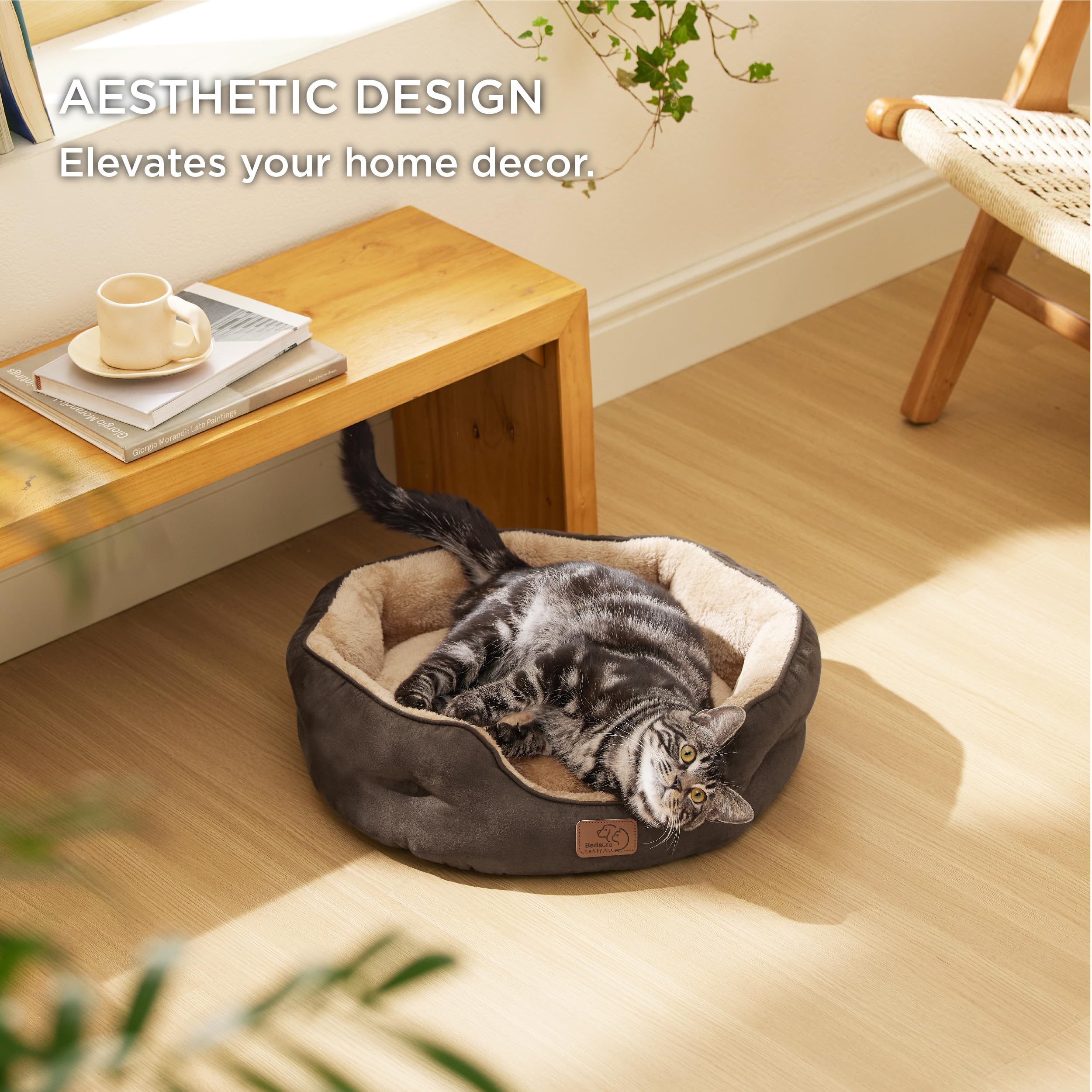 BEDSURE Katzenbett waschbar Katzen Bettchen - 51x48x15cm Katzenkorb mit Zweiseitig Innenkissen Katzenschlafplatz für Katzen oder kleine Hunde,Grau