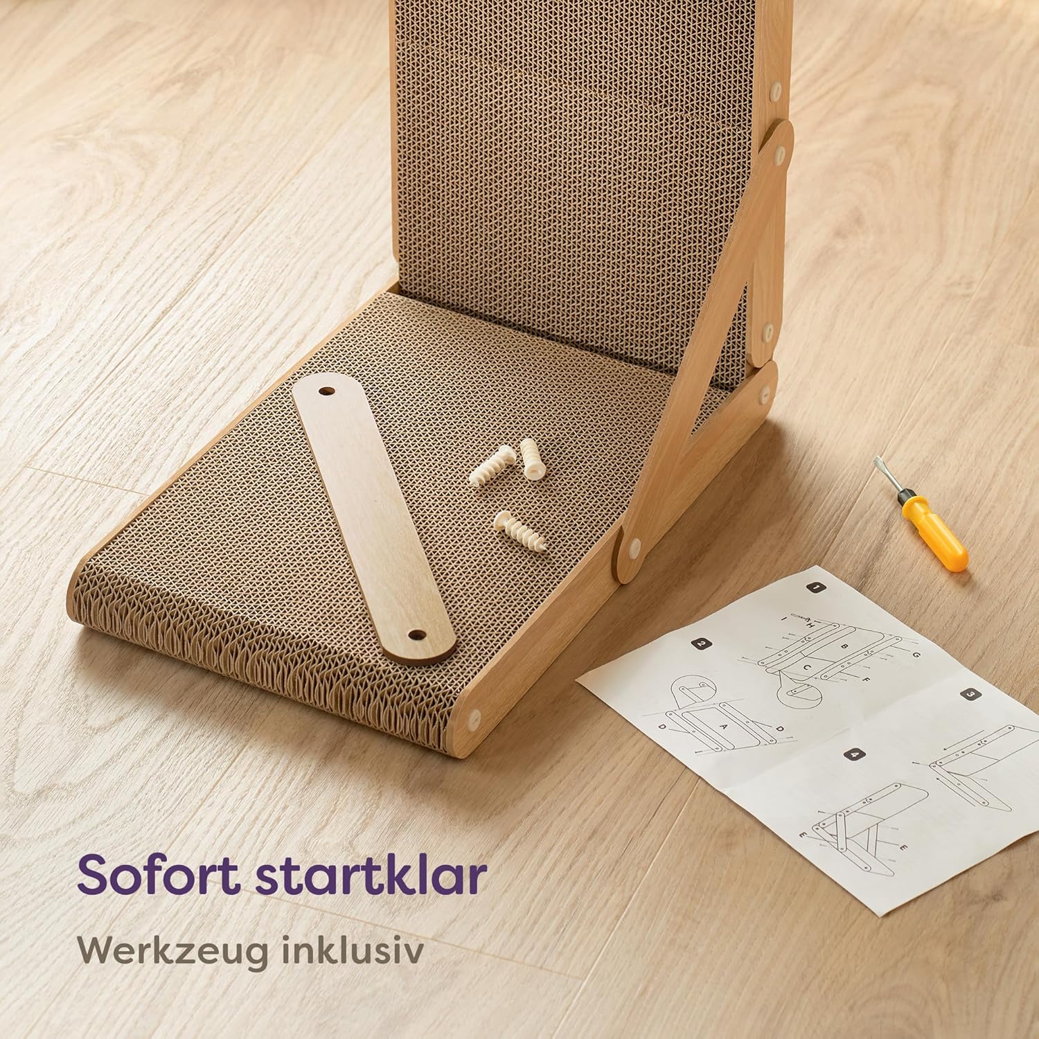 Knupis Kratzbrett Katze Groß 68 cm - Kratzfeste Kratzpappe für Katzen zur Krallenpflege - Bis zu 2 Jahre Kratzspaß - Leichte Montage - Wendbares Design L förmig - Kratzmatte für Sofa & Wandschutz