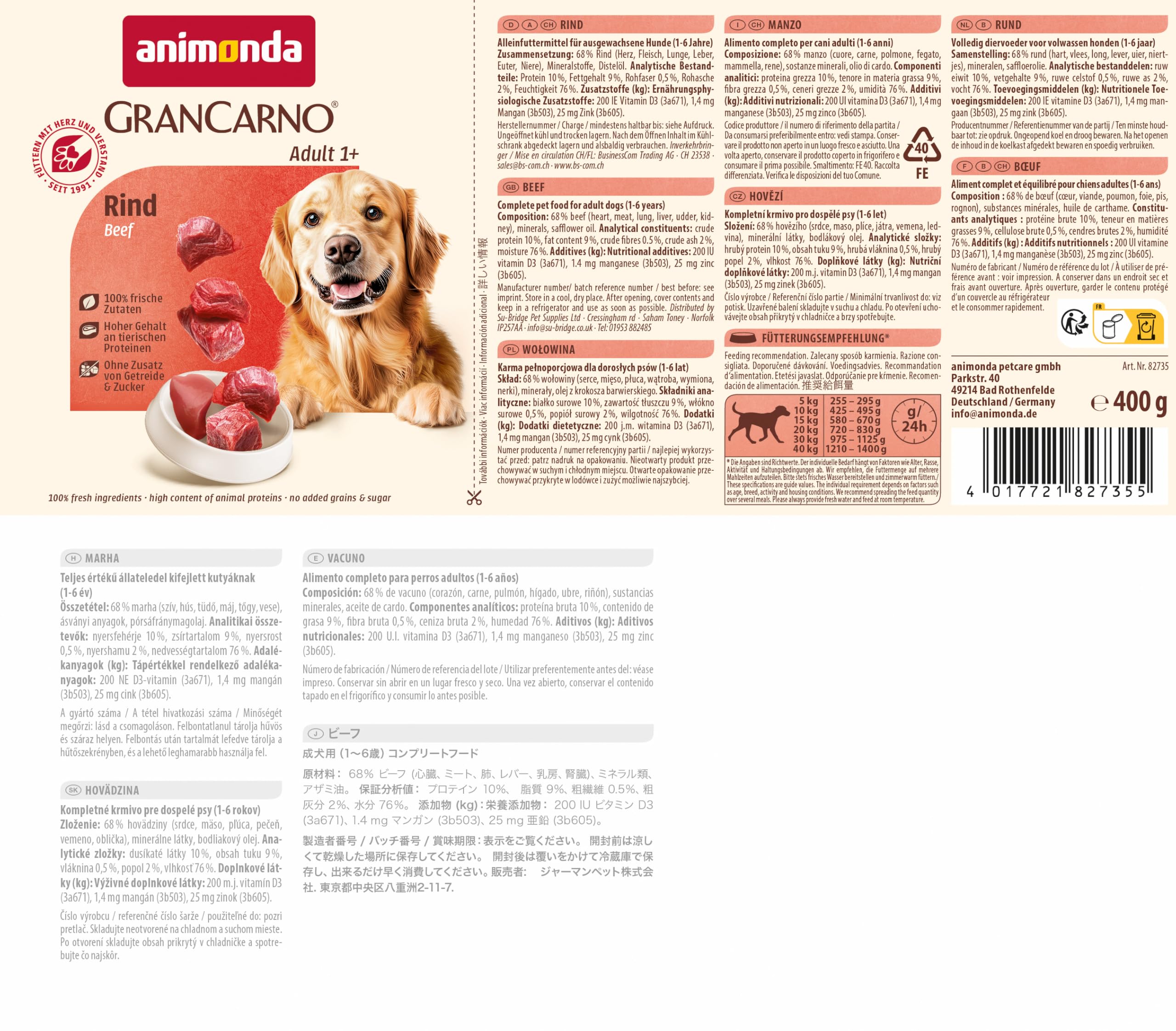 animonda GranCarno Hunde Nassfutter mit Rind + Entenherzen (6 x 800 g), getreidefreies Hundenassfutter ohne Zucker, für ausgewachsene Hunde, mit frischen fleischigen Zutaten