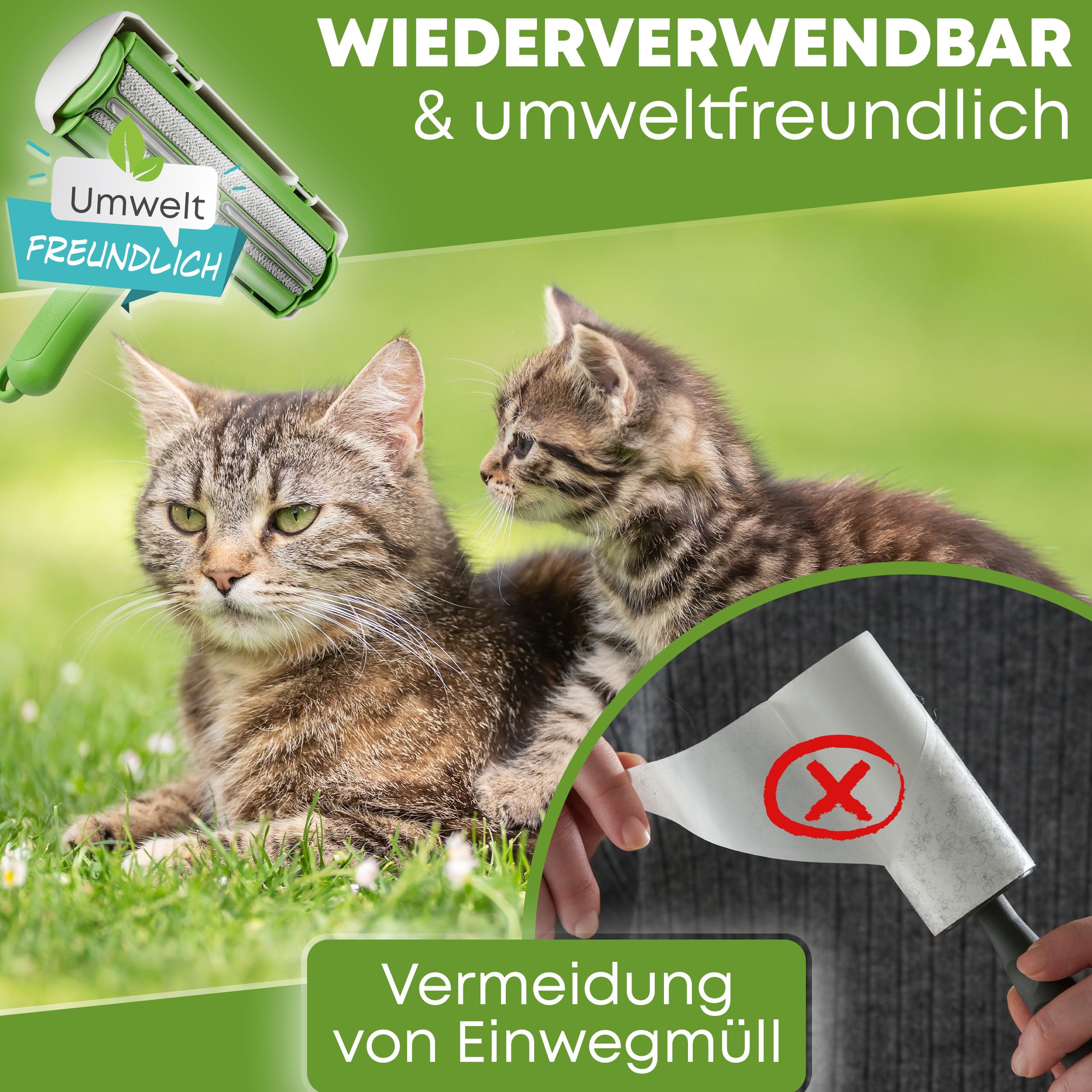 NEUHEIT 2026 - DOGGYBOO® Selbstreinigender Tierhaarentferner – Premium Fusselrolle für Hundehaare und Katzenhaare, Wiederverwendbarer Katzenhaarentferner für Sofa, Teppich, Bett und Auto (Grün)
