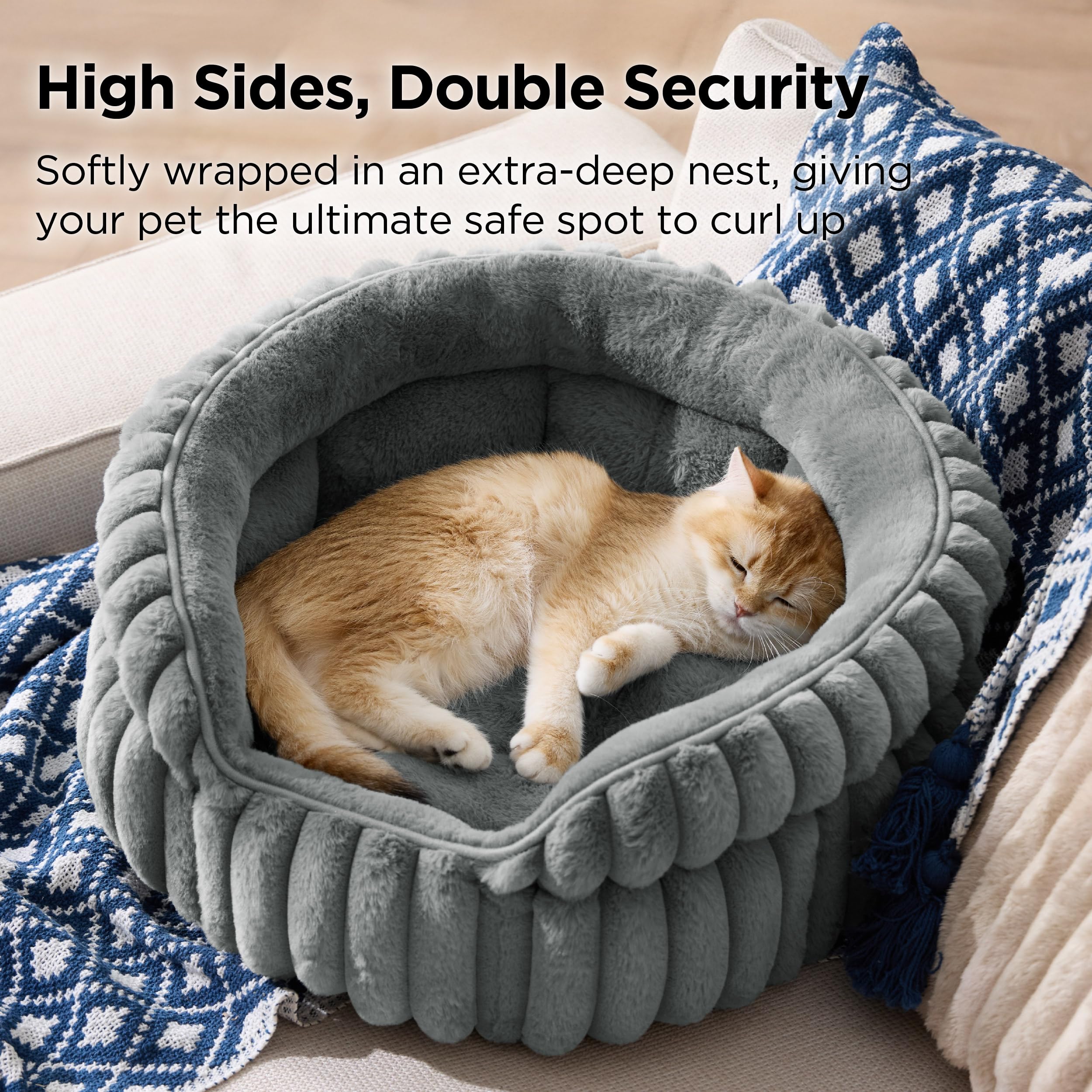BEDSURE Flauschiges Katzenbett für Wohnungskatzen - 51 x 51 cm kleines rundes Katzenbett, waschbares Katzenbett für Kätzchen und Welpen mit Rutschfester Unterseite und abnehmbarem Kissen, grau