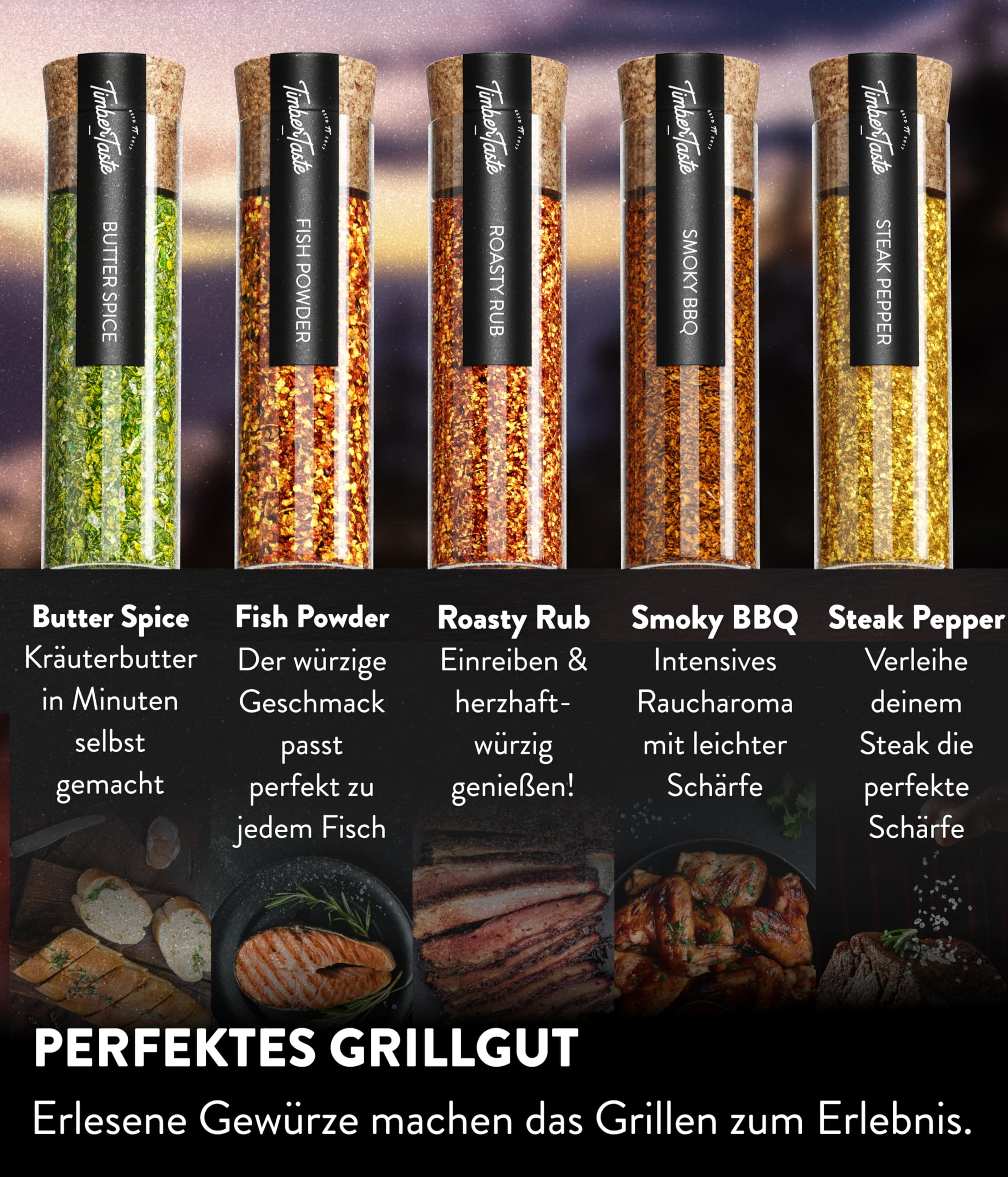 TIMBER TASTE® Grillgewürze Geschenkset - 5 premium BBQ Gewürze Rubs & Marinaden in edler Geschenkbox | Geschenke für Männer | Vatertag Geschenk | Gewürze Geschenkset ideal zum Grillen Geschenk Set