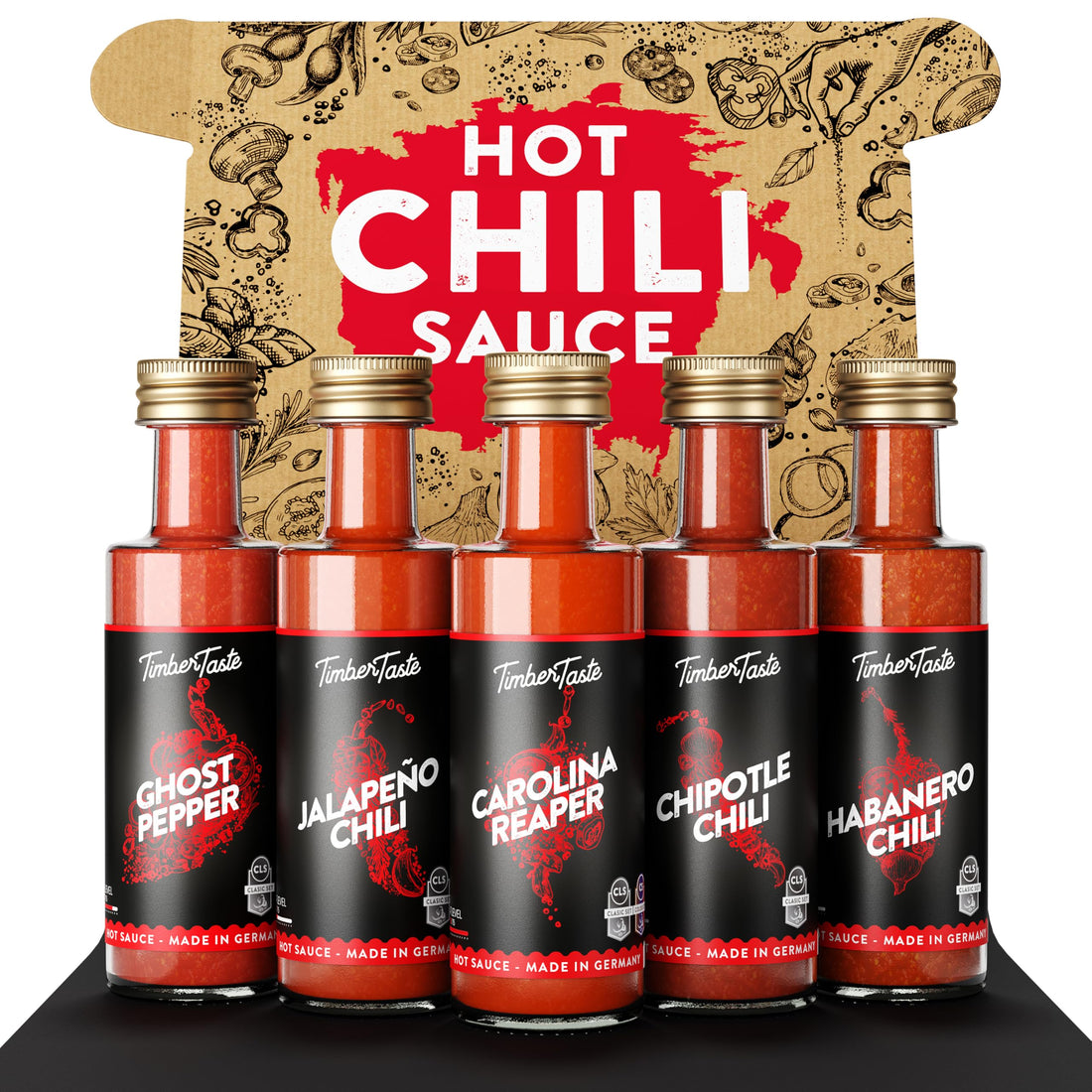 TIMBER TASTE® Chili Geschenkset scharfe Soßen Set - 5 Hot Sauce Set je 40ml in Geschenkverpackung für Liebhaber & Genießer scharfer Saucen | Ostergeschenk Mann | kleine Ostergeschenke Männer