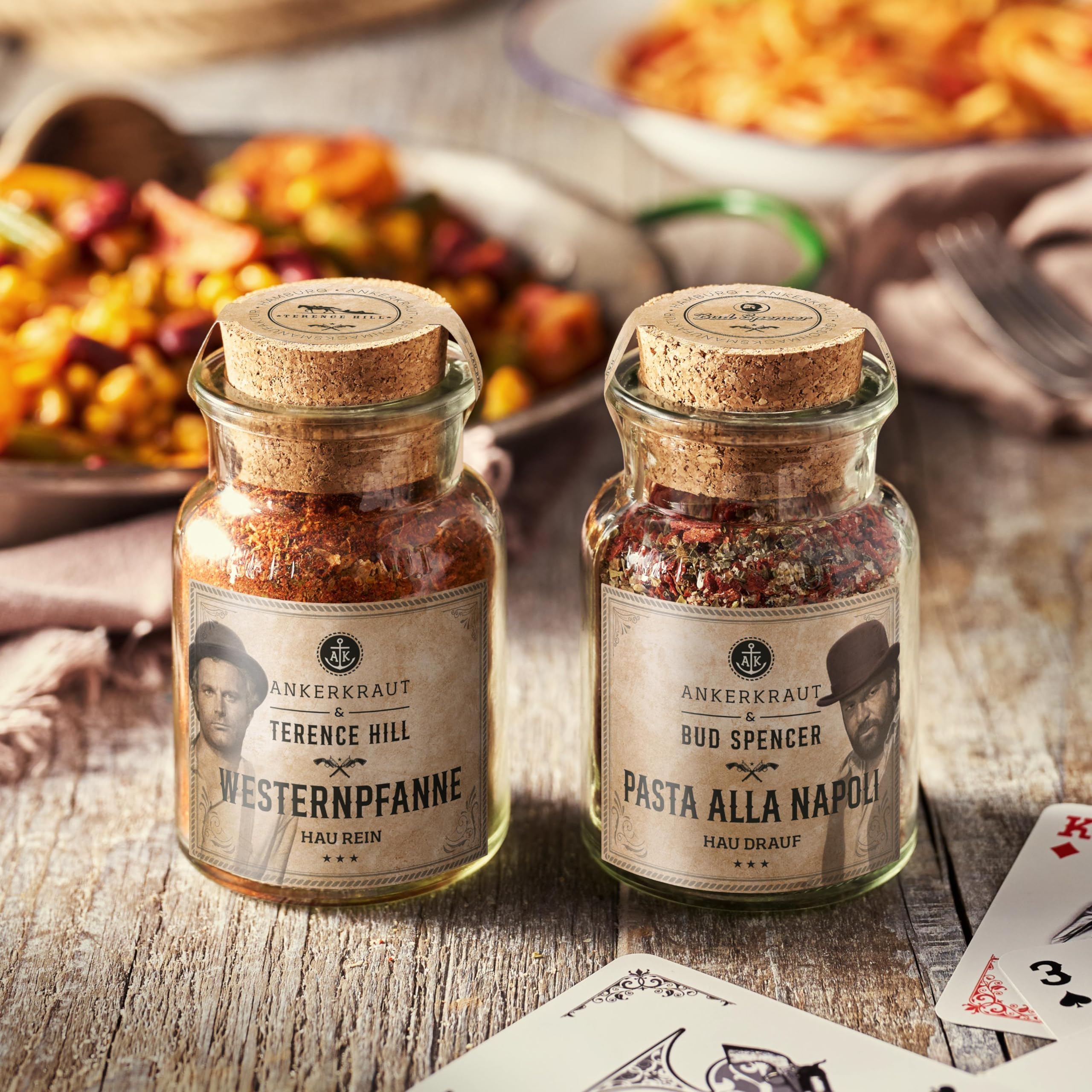 Ankerkraut Bud Spencer & Terence Hill Bagaluten Gewürz-Box, mit Westernpfanne und Pasta alla Napoli, Geschenk-Set, lecker kochen, 195 g Gewürze Inhalt