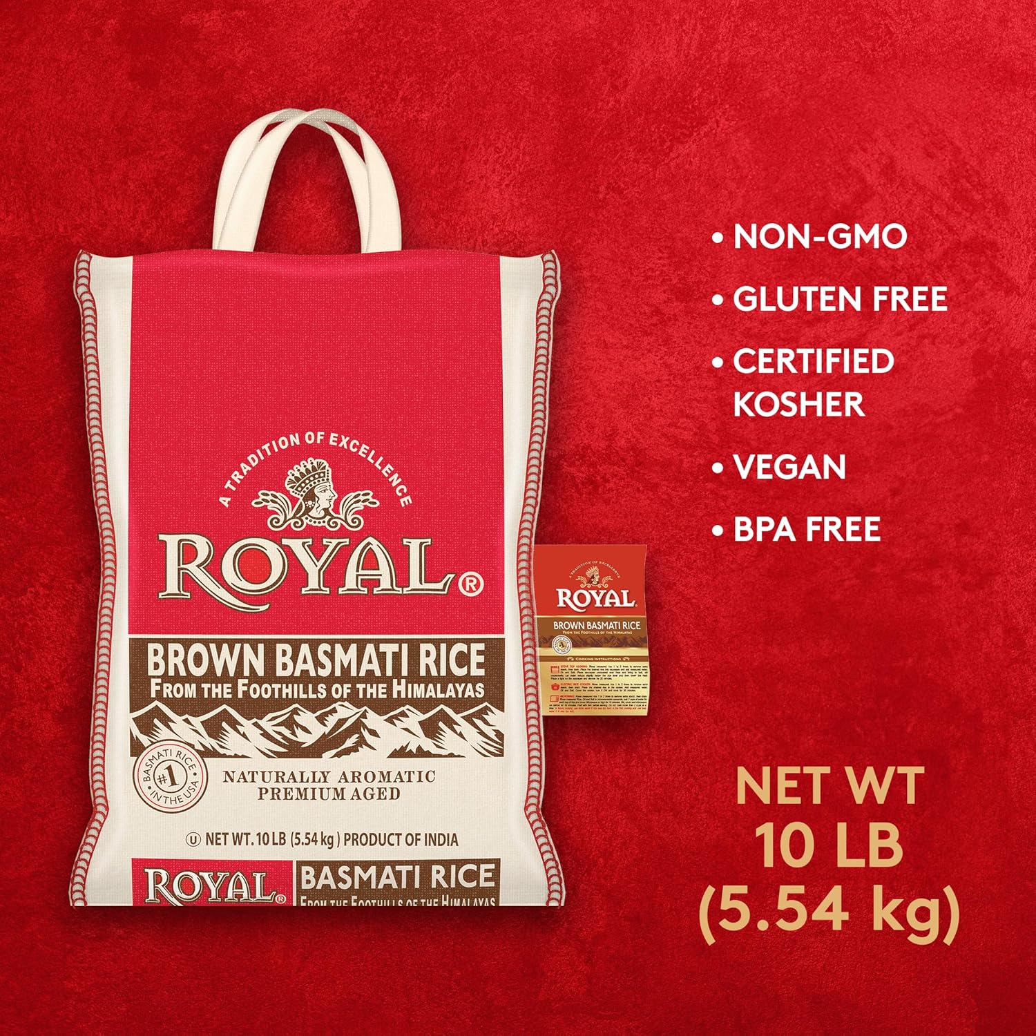 Royal - Authentic Basmati Brown Rice Whole Grain, Naturally Gluten Free and Vegan - 10 Pounds