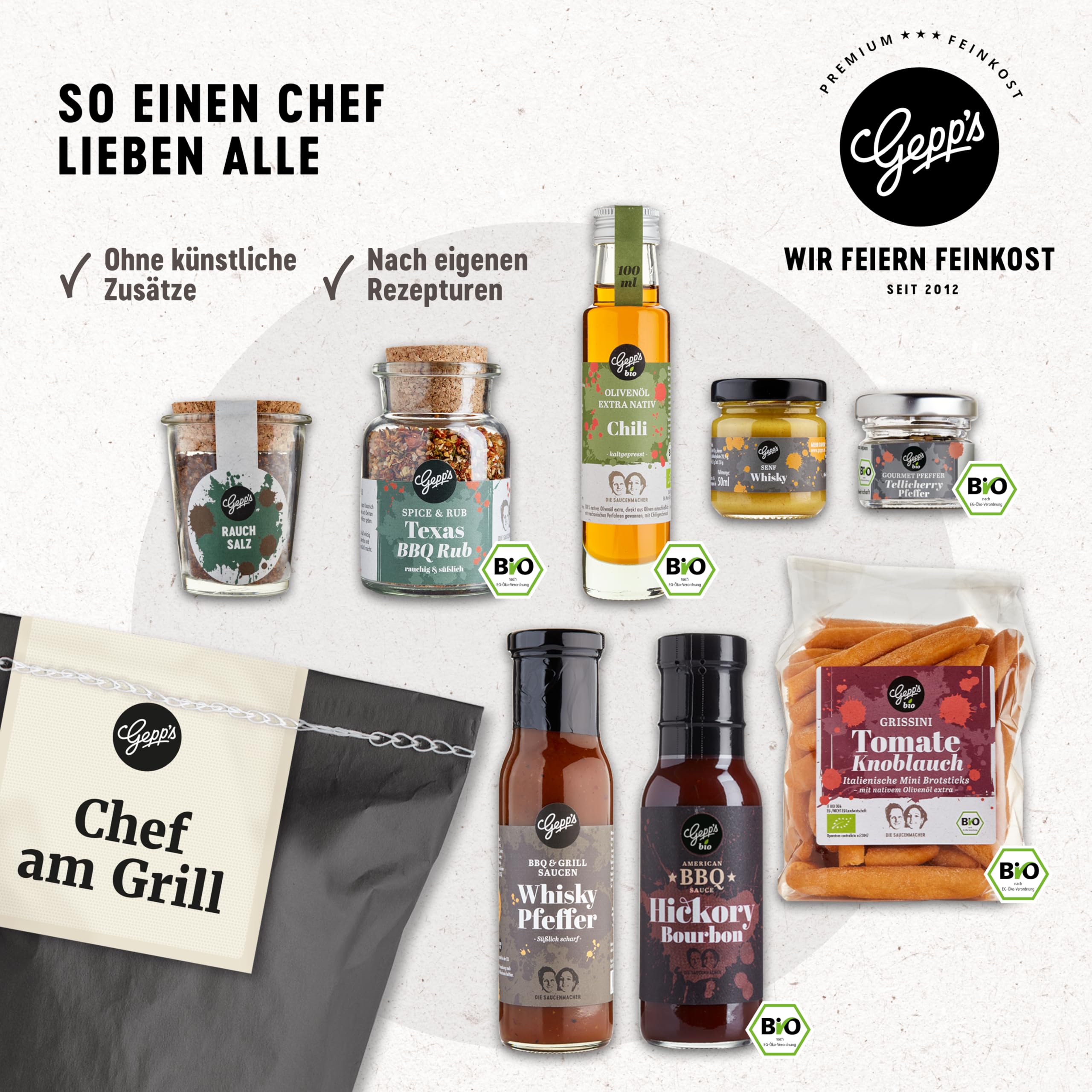 Gepp’s Feinkost Herrenhandtasche I Lustiges Männergeschenk gefüllt mit Delikatessen wie Knoblauch-Chili-Sauce, Edelkräuter-Olivenöl, Texas BBQ Rub I Geschenkidee für Männer