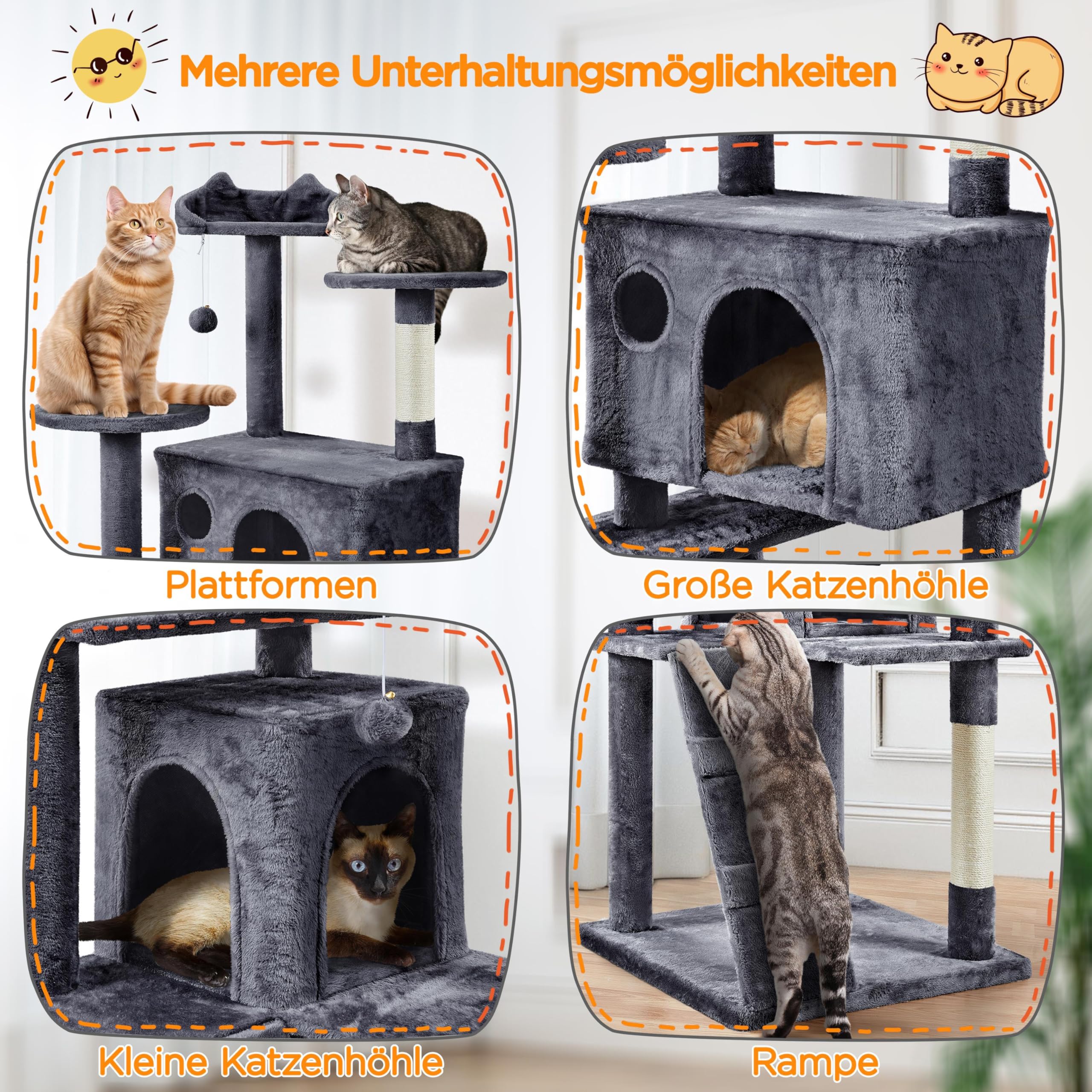 Yaheetech Kratzbaum Groß, 139 cm hoch, Mehrstöckiger Katzenbaum Kletterturm mit 3 Kratzsäulen, 3 Plattformen, 2 Gemütlichen Höhlen, 2 Plüschbällen, Stabiler Aktivitätsbereich für Katzen, Dunkelgrau