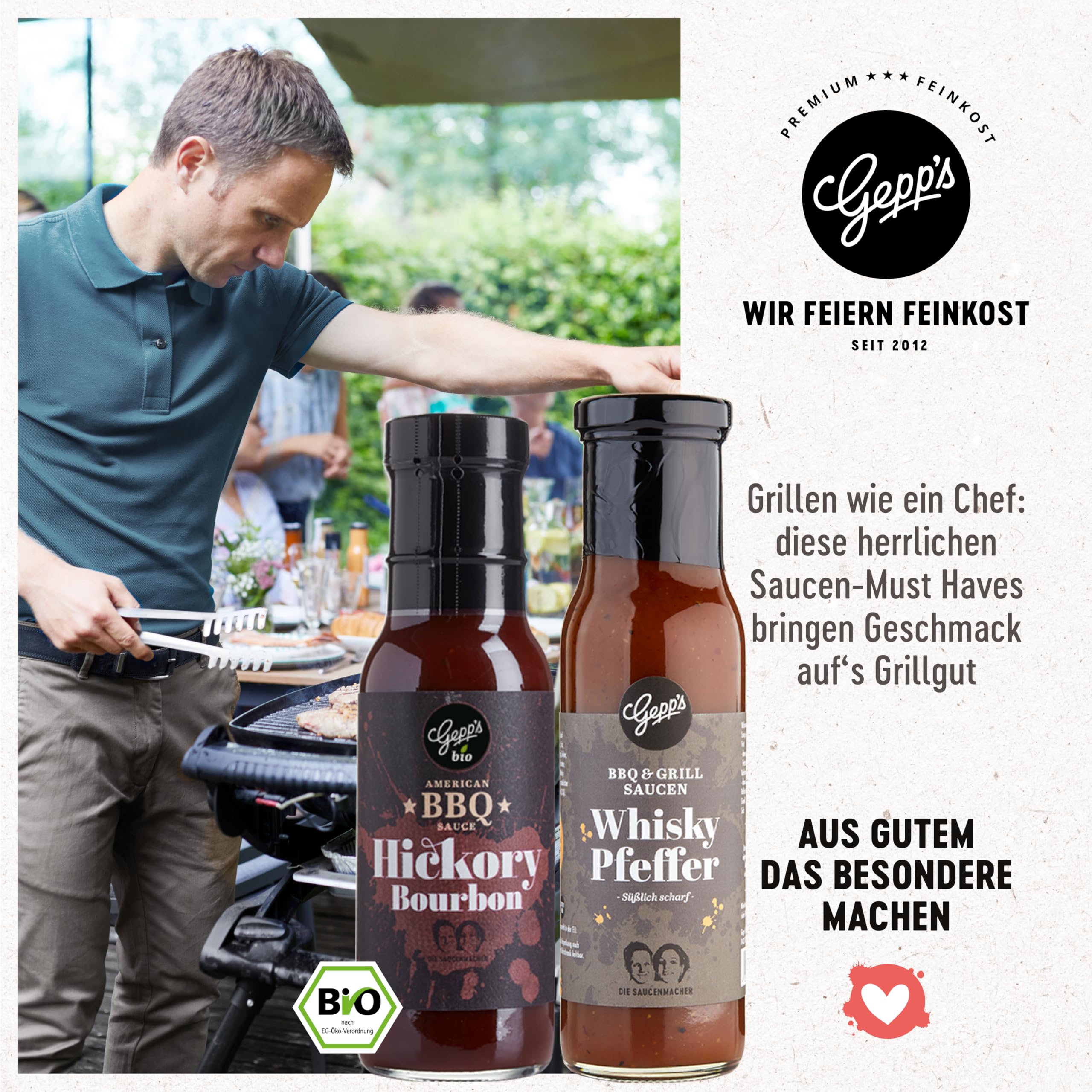Gepp’s Feinkost Herrenhandtasche I Lustiges Männergeschenk gefüllt mit Delikatessen wie Knoblauch-Chili-Sauce, Edelkräuter-Olivenöl, Texas BBQ Rub I Geschenkidee für Männer