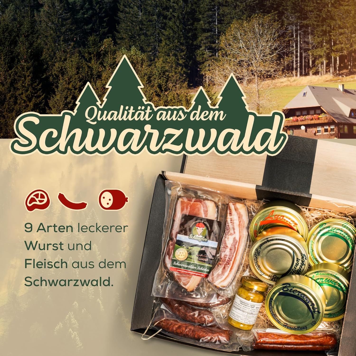 Schwarzwald Metzgerei - Geschenkset "Dosenwurst und mehr" mit verschiedenen Wurtsspezialitäten, Altbadischem Senf, Schinken und Speck - 10-teilig
