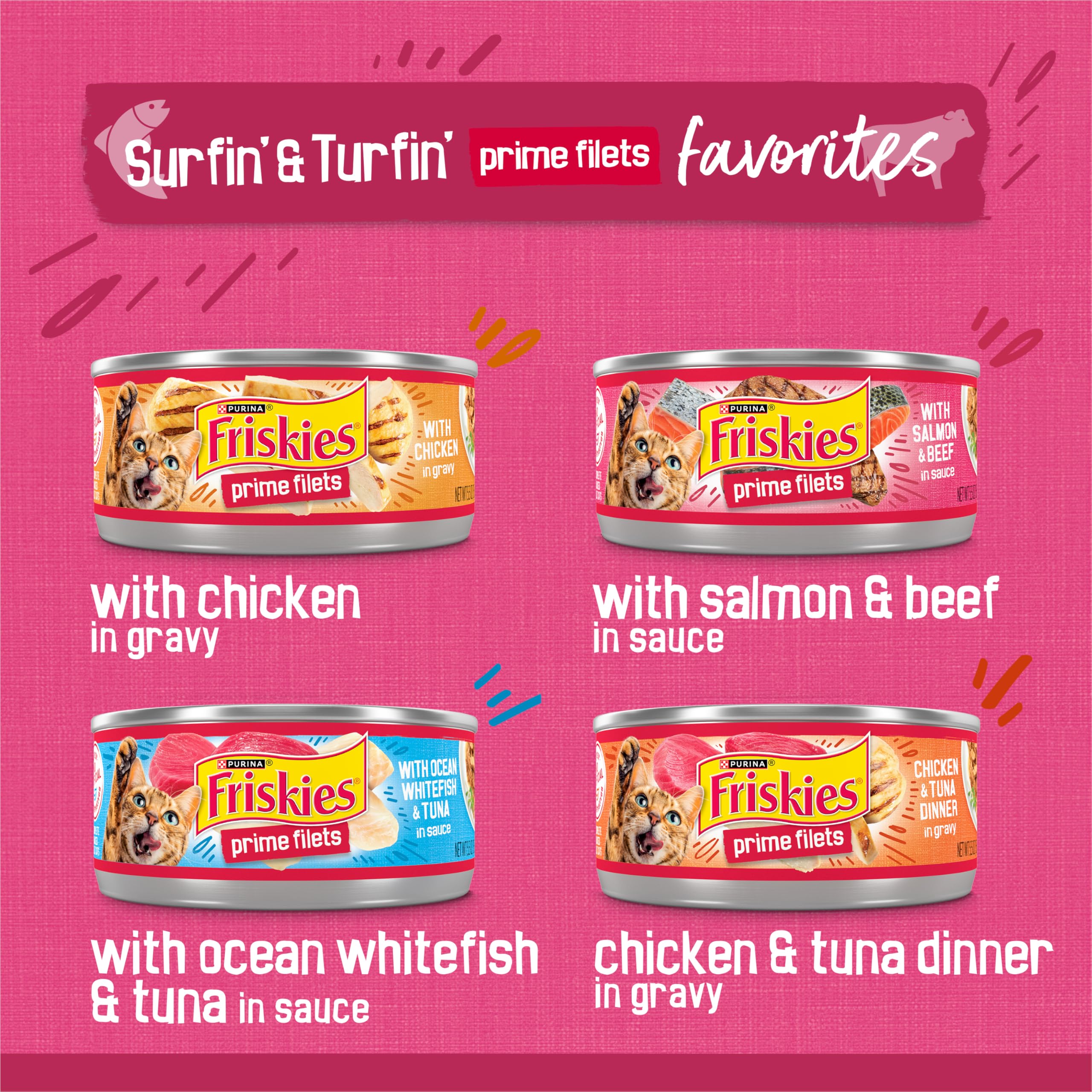 Purina Friskies Gravy Wet Cat Food Variety Pack, Surfin' and Turfin' Prime Filets Favorites - (Pack of 40) 5.5 oz. Cans