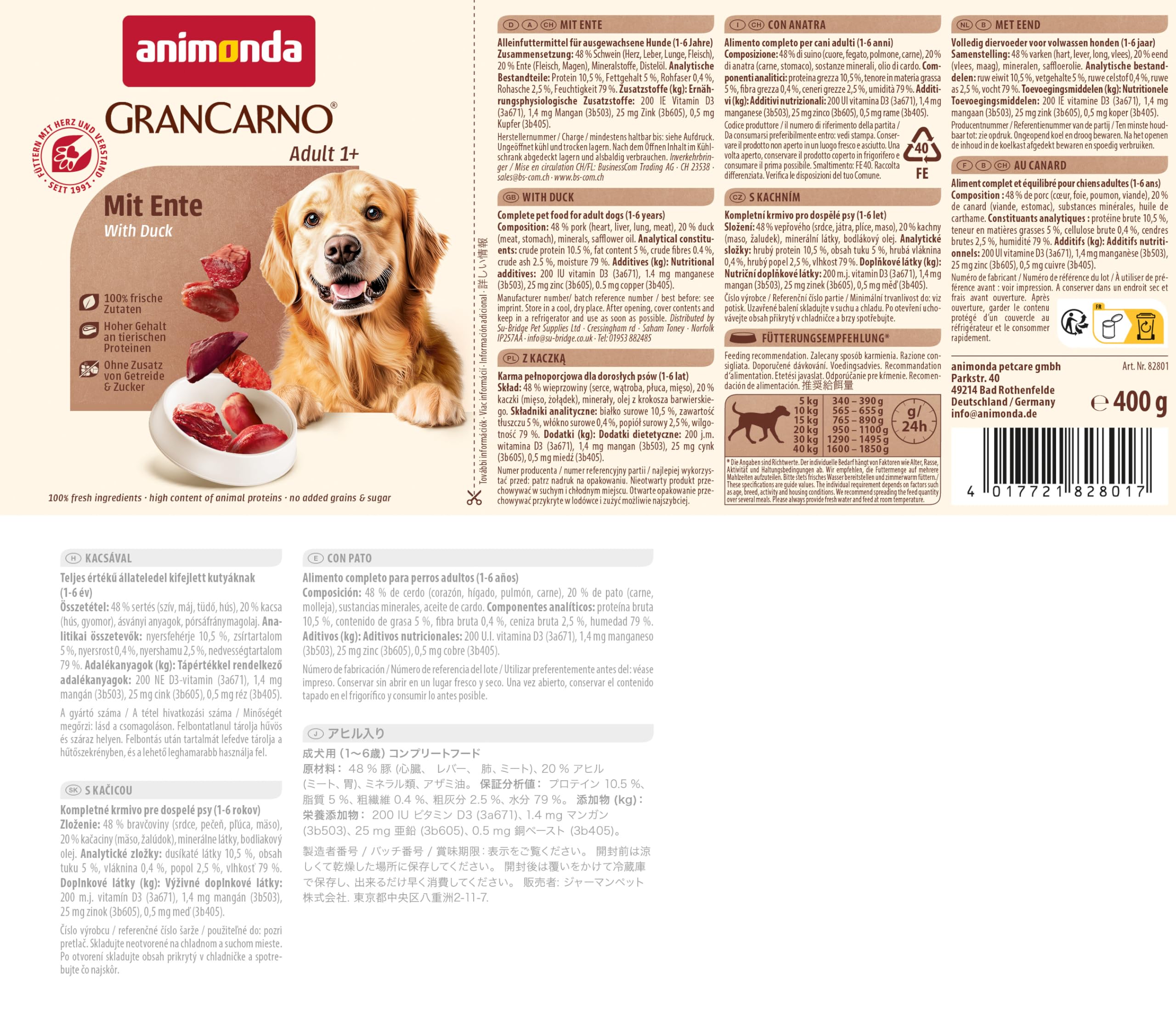 animonda GranCarno Hunde Nassfutter mit Rind + Entenherzen (6 x 800 g), getreidefreies Hundenassfutter ohne Zucker, für ausgewachsene Hunde, mit frischen fleischigen Zutaten