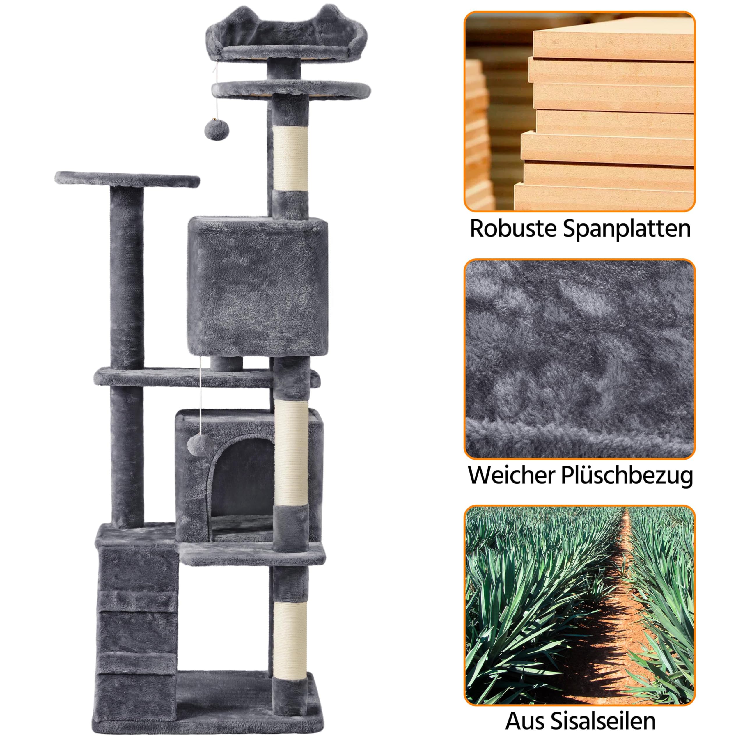 Yaheetech Kratzbaum Groß, 139 cm hoch, Mehrstöckiger Katzenbaum Kletterturm mit 3 Kratzsäulen, 3 Plattformen, 2 Gemütlichen Höhlen, 2 Plüschbällen, Stabiler Aktivitätsbereich für Katzen, Dunkelgrau