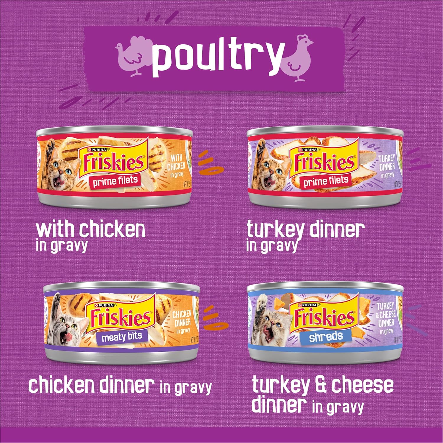 Purina Friskies Gravy Wet Cat Food Variety Pack, Poultry Shreds, Meaty Bits, and Prime Filets - (Pack of 32) 5.5 oz. Cans
