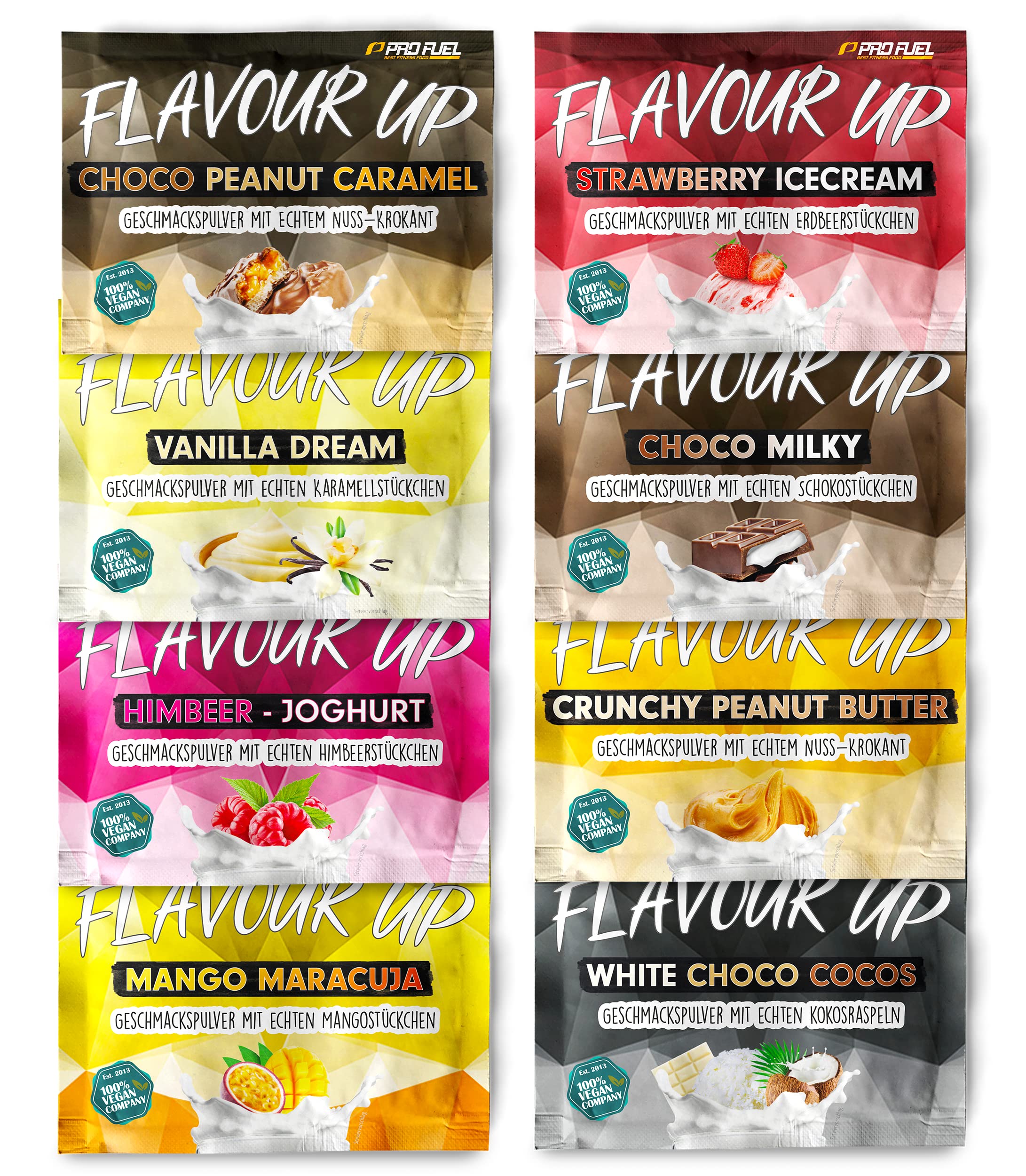 Geschmackspulver MIX PACK mit 8x30g Proben, 8 unglaublich leckere Flavours, nur 8-14 kcal pro Portion, Aroma & angenehme Süße, vielseitig einsetzbar für Lebensmittel & Getränke, FLAVOUR UP