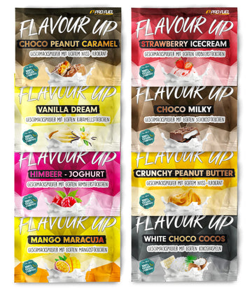 Geschmackspulver MIX PACK mit 8x30g Proben, 8 unglaublich leckere Flavours, nur 8-14 kcal pro Portion, Aroma & angenehme Süße, vielseitig einsetzbar für Lebensmittel & Getränke, FLAVOUR UP