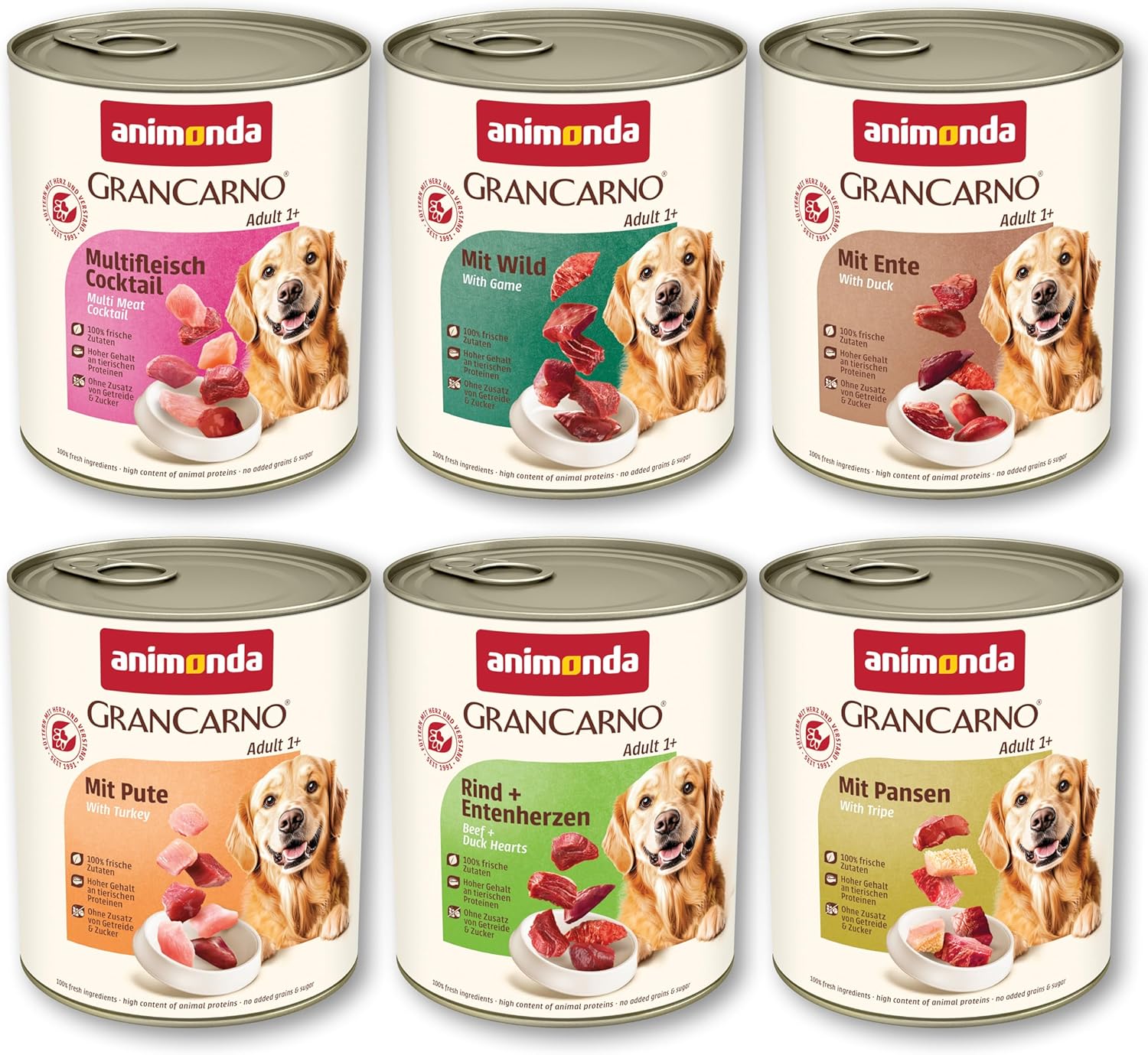 animonda GranCarno Adult Deftige Variation (6 x 800 g), Hundenassfutter für ausgewachsene Tiere, Nassfutter für Hunde mit 100% frischen, fleischlichen Zutaten, Hundefutter ohne Getreide
