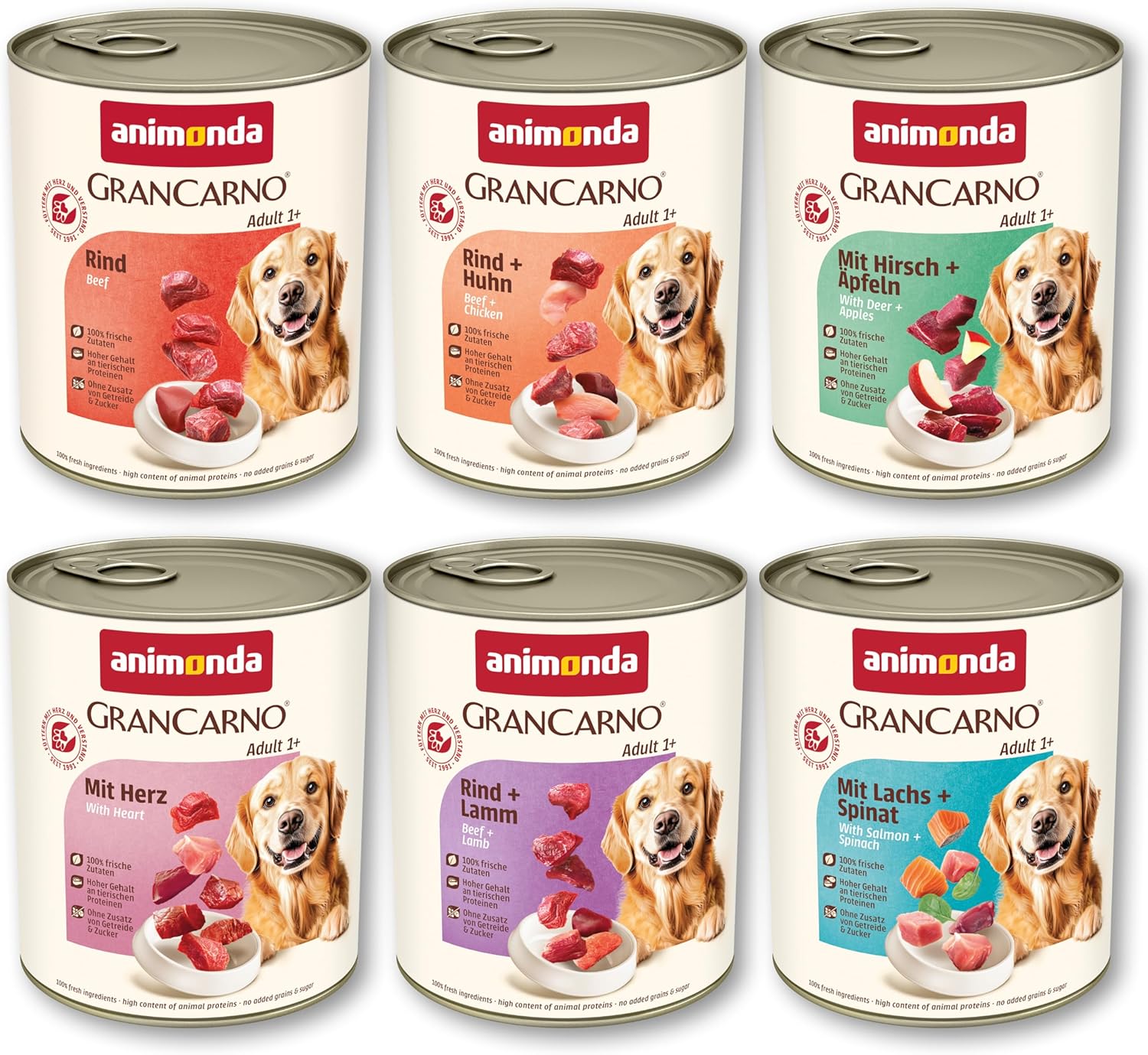 animonda GranCarno Adult Deftige Variation (6 x 800 g), Hundenassfutter für ausgewachsene Tiere, Nassfutter für Hunde mit 100% frischen, fleischlichen Zutaten, Hundefutter ohne Getreide