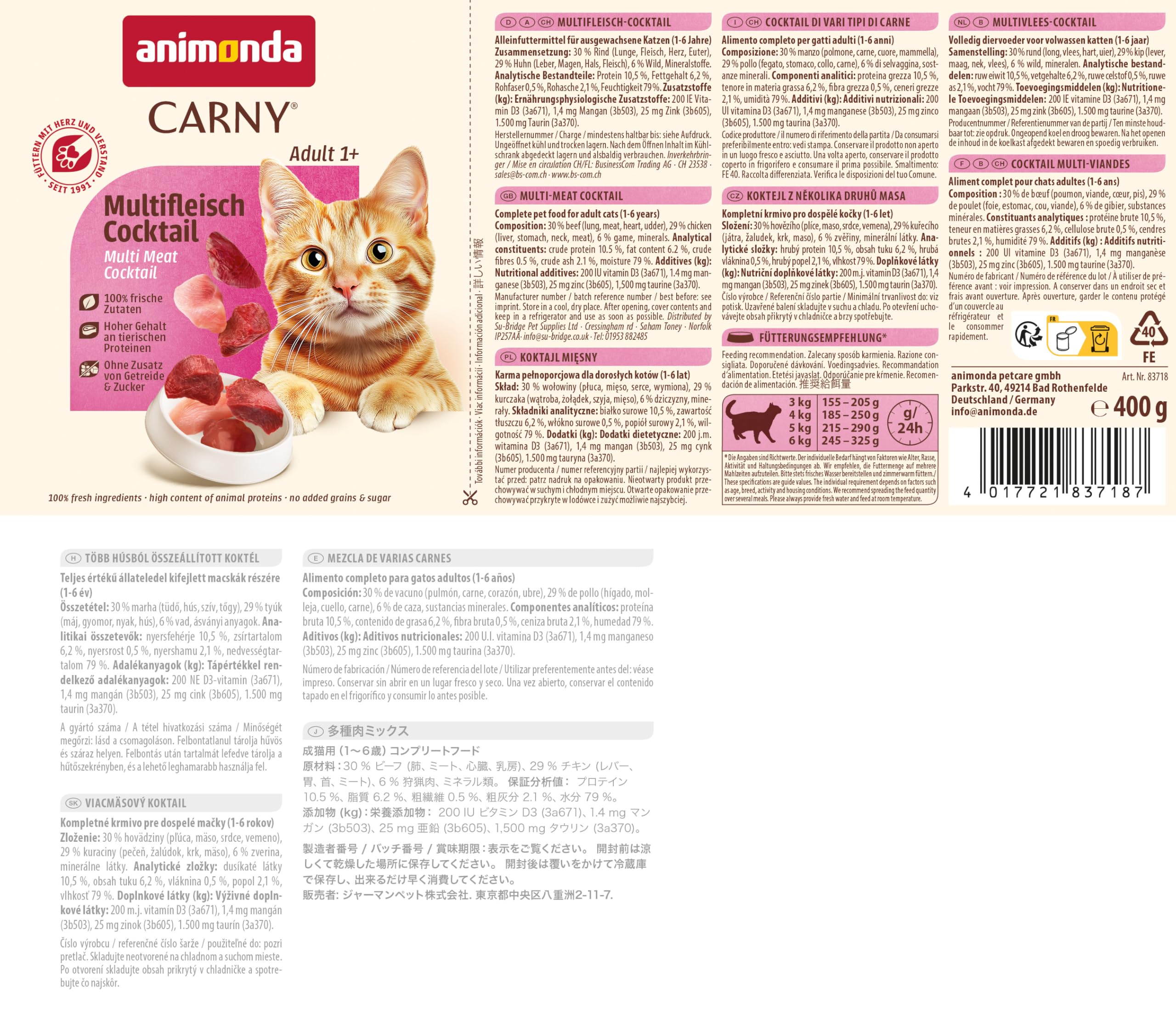 animonda Carny Adult Huhn + Lachs (6 x 400 g), Katzennassfutter für ausgewachsene Katzen, Nassfutter mit 100 % frischen, fleischlichen Zutaten, Katzenfutter ohne Getreide und Zucker