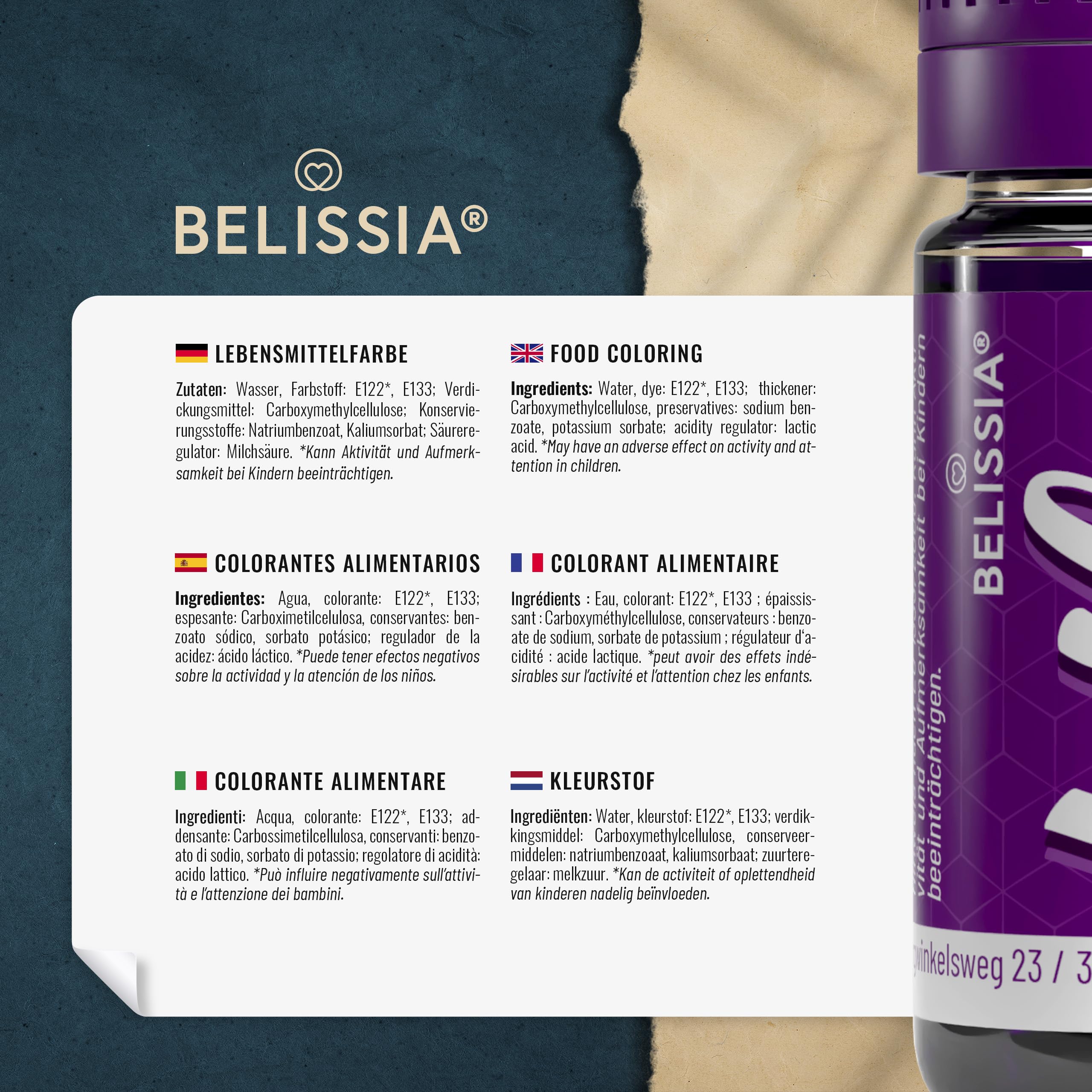 Belissia Lebensmittelfarbe Set – 8x10ml flüssig & hochkonzentriert – Lebensmittelechte Speisefarbe zum Backen, Kochen, Fondant & DIY - vegan, stark färbend, geschmacksneutral