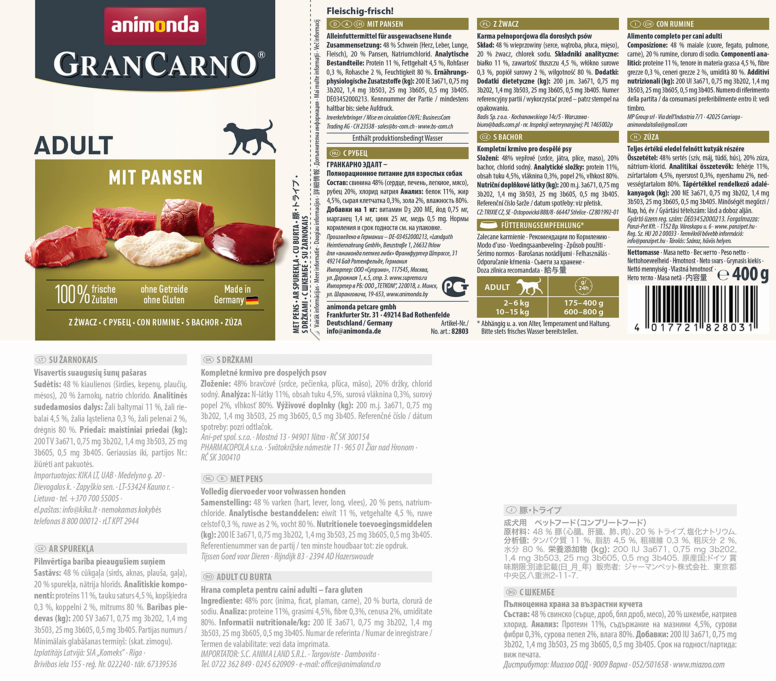 animonda GranCarno Hunde Nassfutter mit Rind + Entenherzen (6 x 800 g), getreidefreies Hundenassfutter ohne Zucker, für ausgewachsene Hunde, mit frischen fleischigen Zutaten