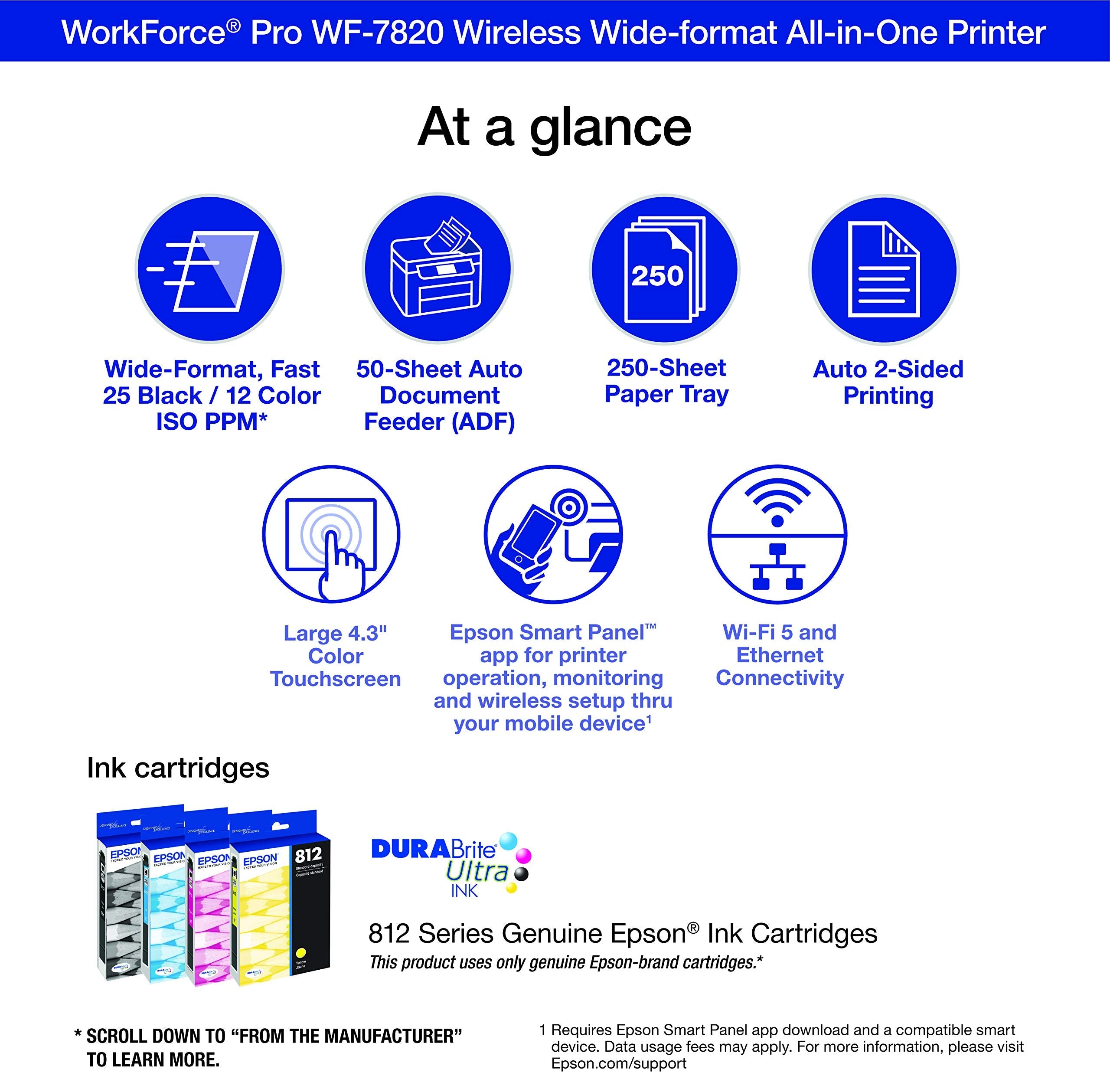 Epson Workforce Pro WF-7840 Wireless All-in-One Wide-Format Printer with Auto 2-Sided Print up to 13" x 19", Copy, Scan and Fax, 50-Page ADF, 500-sheet Paper Capacity, 4.3" Screen