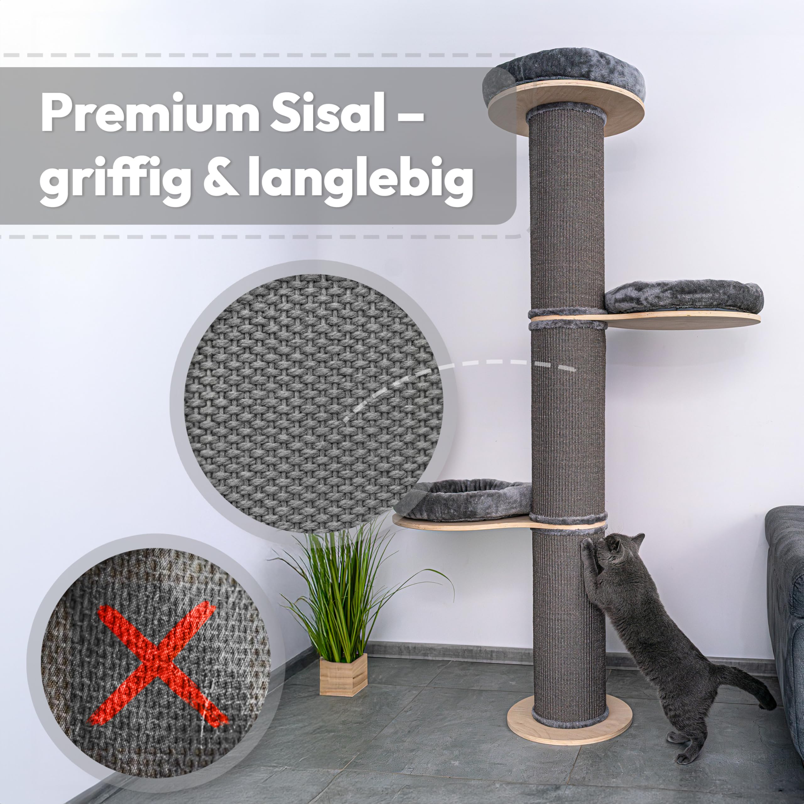 Kratzbaum wandmontiert 185 cm hoch, XXL Katzenbaum Premium Sisal Säulen, 3 Plattformen Kissen abnehmbar & waschbar I Stabiler & Platzsparender Katzenkratzbaum, Grau