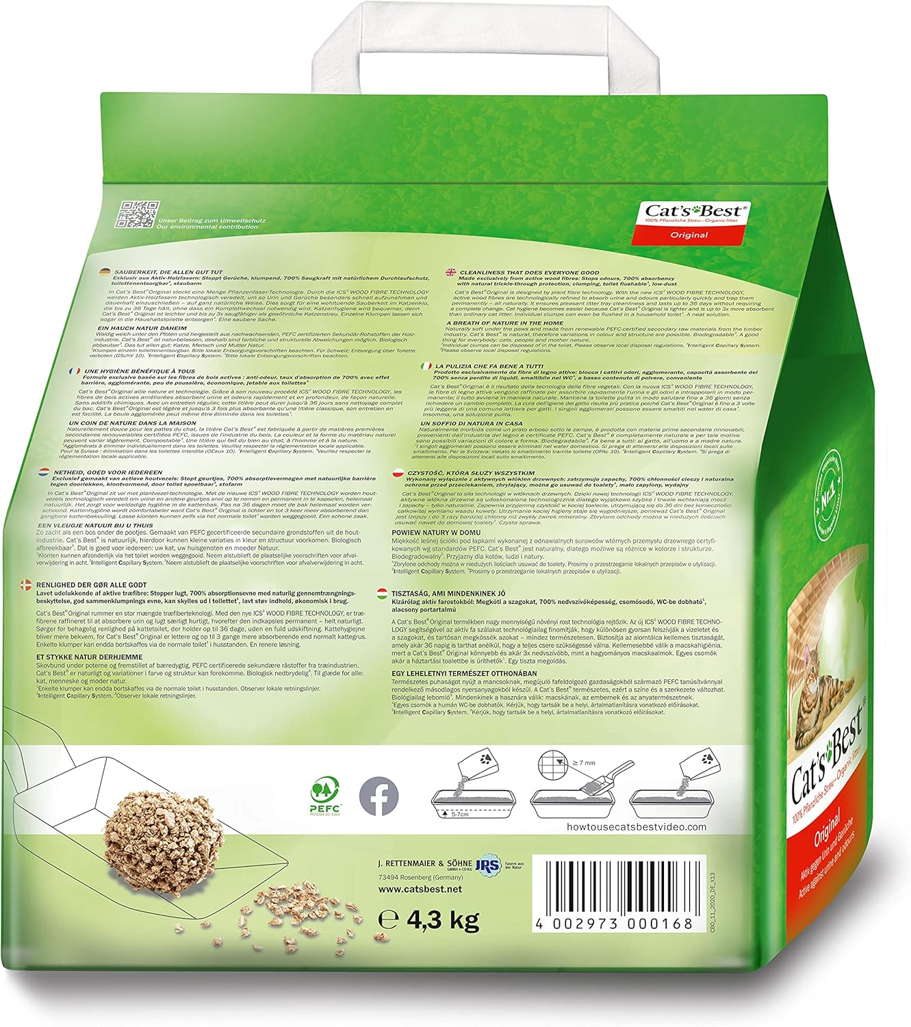 Cat’s Best Original Katzenstreu, 100% pflanzliches Katzenklumpstreu mit maximaler Saugfähigkeit – bekämpft Gerüche natürlich und aktiv, 8,6 kg/20 l (Verpackung kann variieren)
