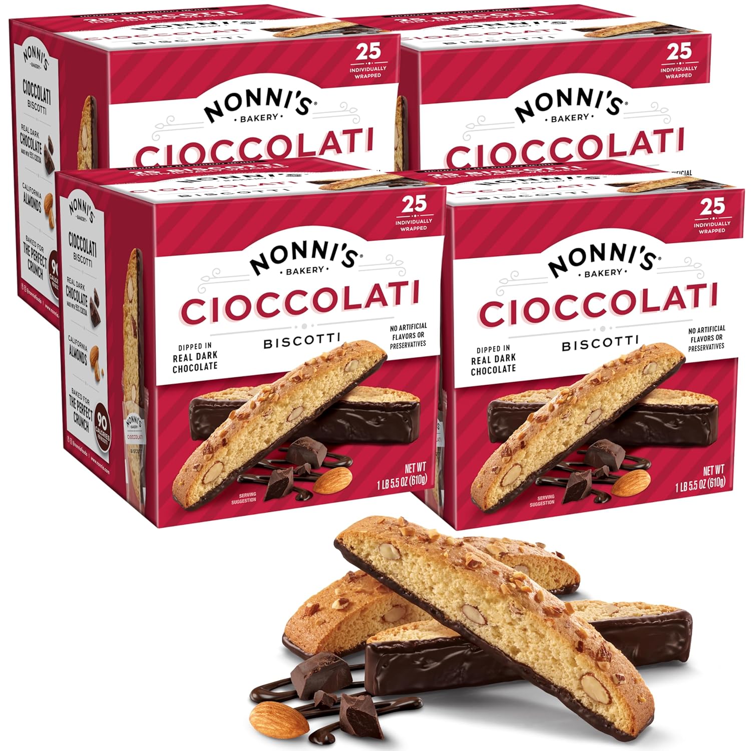 Nonni's Cioccolati Dark Chocolate Almond Biscotti Cookies – Individually Wrapped Italian Coffee Snack, Crunchy Twice-Baked, 21.5 oz Carton