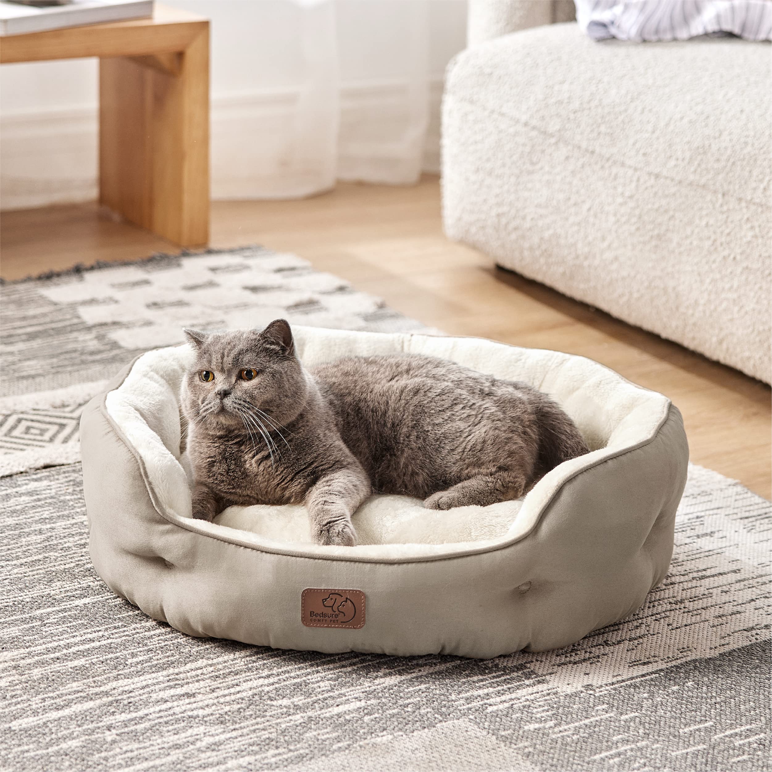 BEDSURE Katzenbett waschbar Katzen Bettchen - 51x48x15cm Katzenkorb mit Zweiseitig Innenkissen Katzenschlafplatz für Katzen oder kleine Hunde,Grau