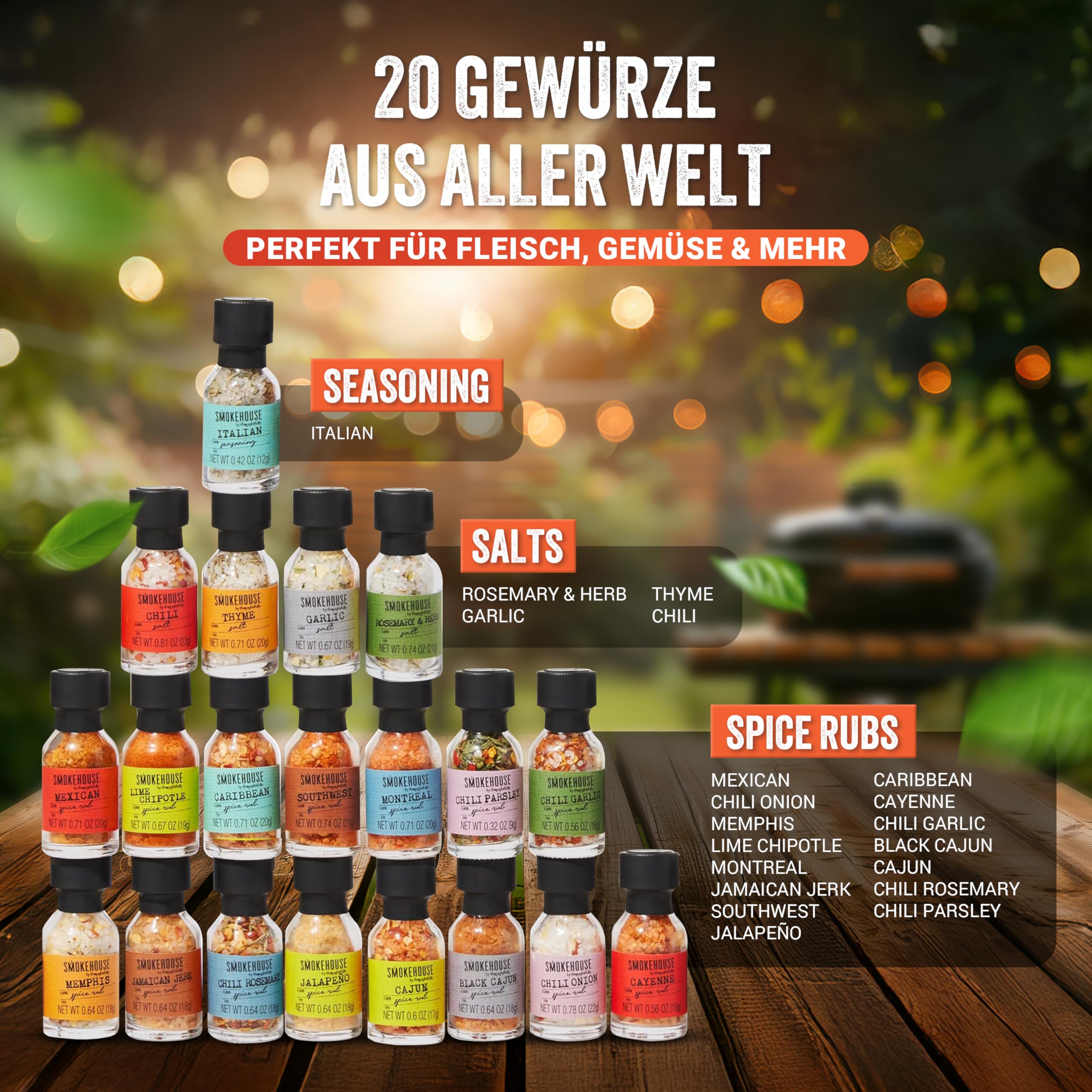 Thoughtfully BBQ Gewürze Geschenkset - Set mit 20 Grillgewürzen & BBQ Gewürzmischungen – Gewürze Set für Grillen & Barbecue – Geschenk zum Vatertag