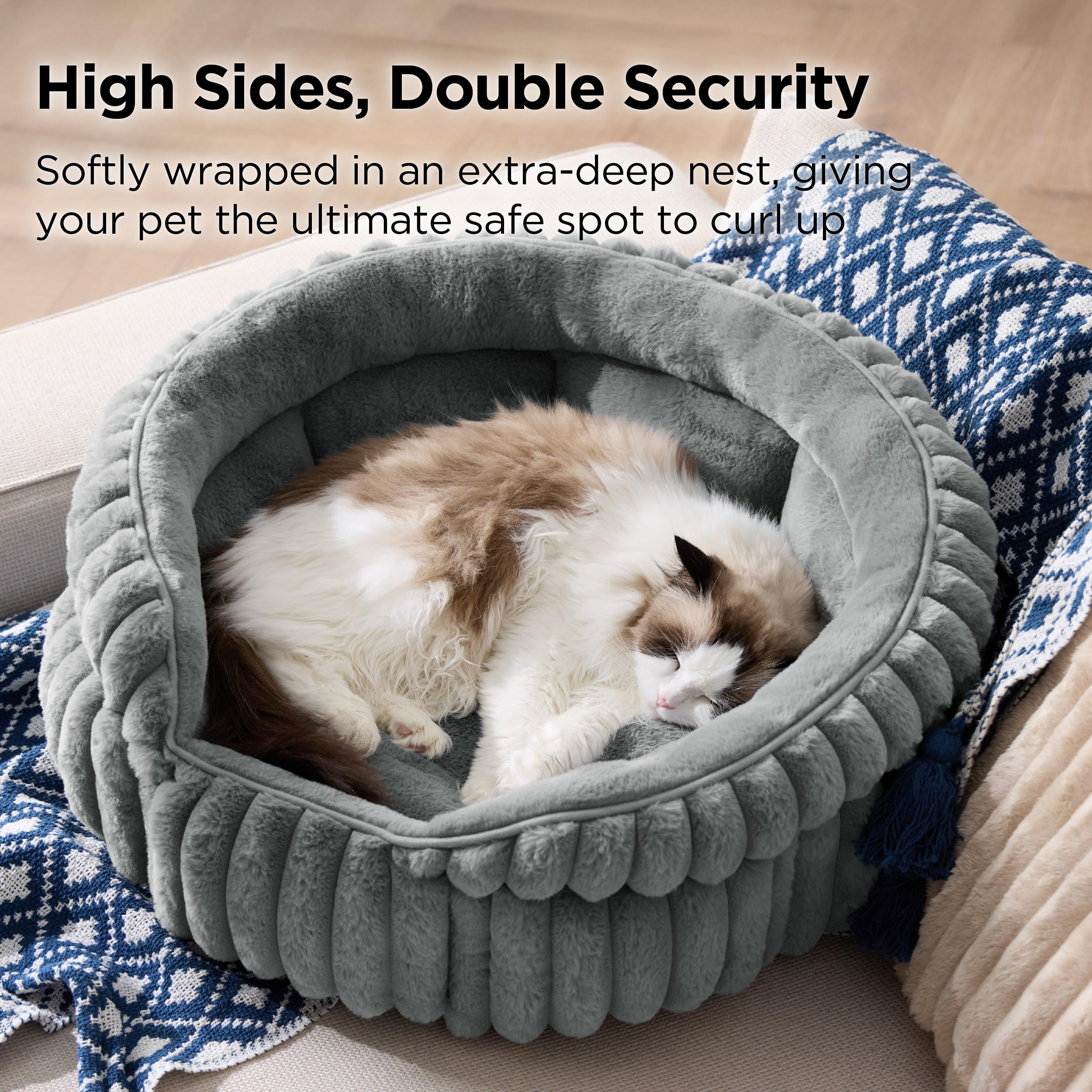 BEDSURE Flauschiges Katzenbett für Wohnungskatzen - 51 x 51 cm kleines rundes Katzenbett, waschbares Katzenbett für Kätzchen und Welpen mit Rutschfester Unterseite und abnehmbarem Kissen, grau