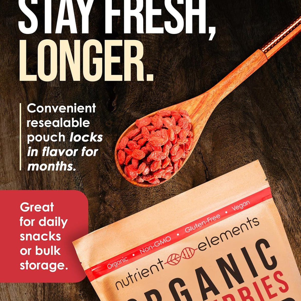 Nutrient Elements Goji Berries – 2 lb/32 oz – USDA Organic, Raw, Sun-Dried, Hand-Picked – Extra Large Dried Berries – Resealable Bag – Naturally Grown, No Additives