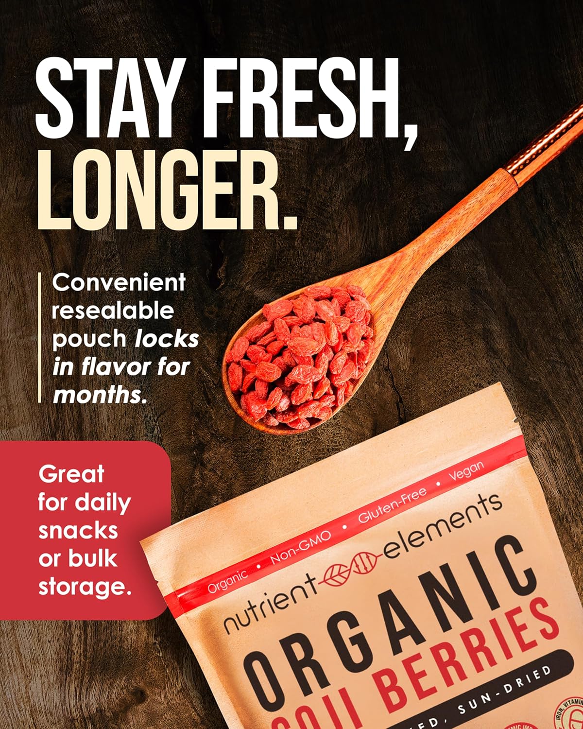 Nutrient Elements Goji Berries – 2 lb/32 oz – USDA Organic, Raw, Sun-Dried, Hand-Picked – Extra Large Dried Berries – Resealable Bag – Naturally Grown, No Additives