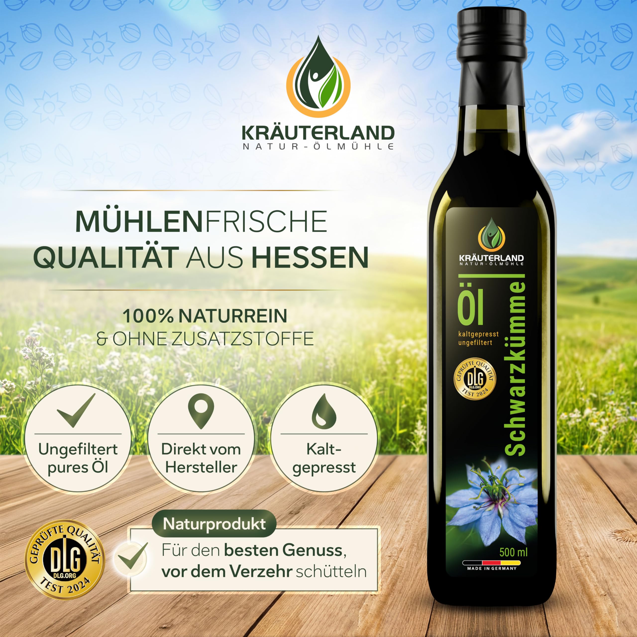 Kräuterland Schwarzkümmelöl 500ml, kaltgepresst & ungefiltert, hoher Thymochinon‑Anteil, ägyptische Samen, mühlenfrisch, 100 % Nigella sativa, naturrein ohne Zusatzstoffe, lichtgeschützten Glas
