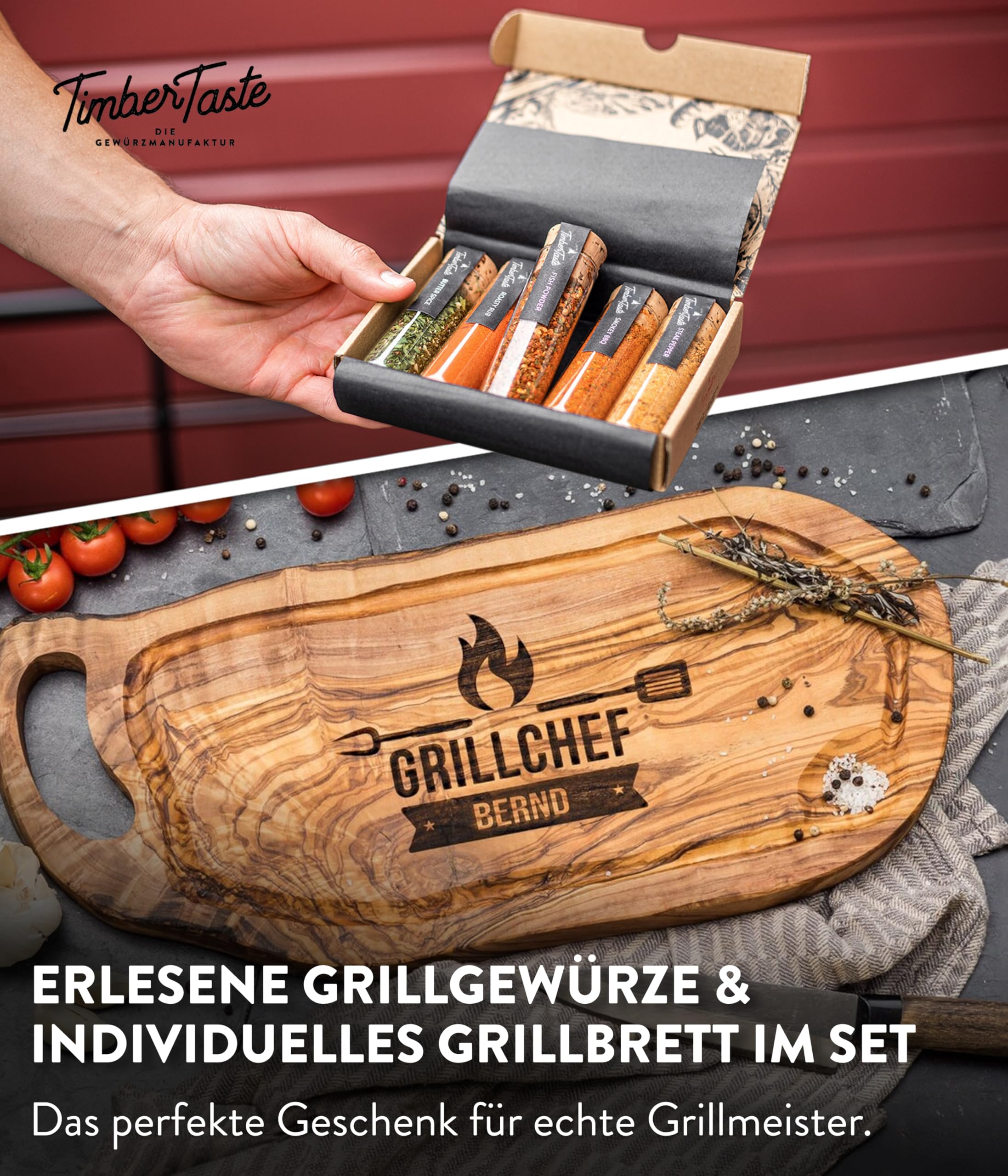 TIMBER TASTE® Grillgewürze Geschenkset - 5 premium BBQ Gewürze Rubs & Marinaden in edler Geschenkbox | Geschenke für Männer | Vatertag Geschenk | Gewürze Geschenkset ideal zum Grillen Geschenk Set