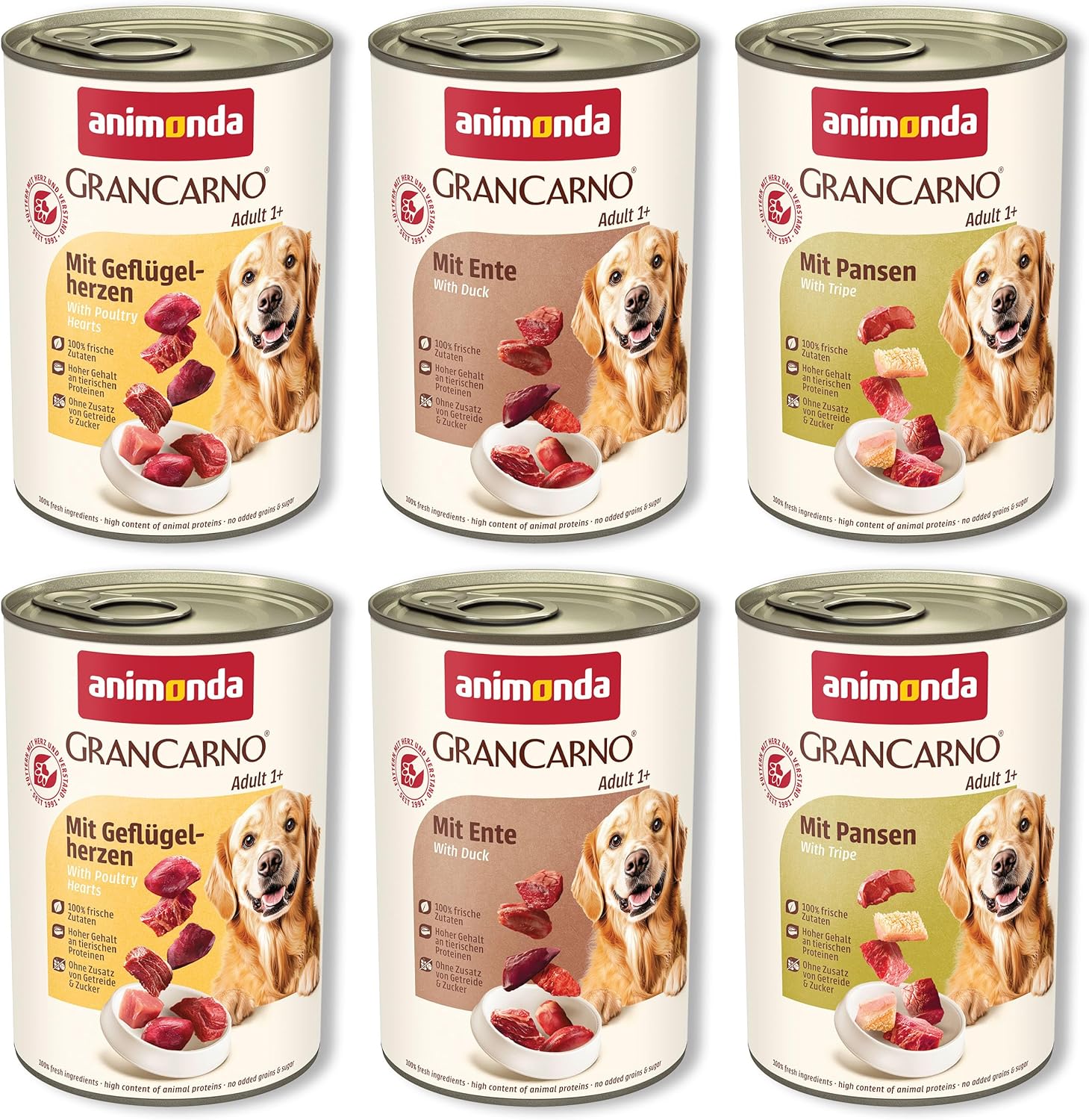 animonda GranCarno Adult Deftige Variation (6 x 800 g), Hundenassfutter für ausgewachsene Tiere, Nassfutter für Hunde mit 100% frischen, fleischlichen Zutaten, Hundefutter ohne Getreide
