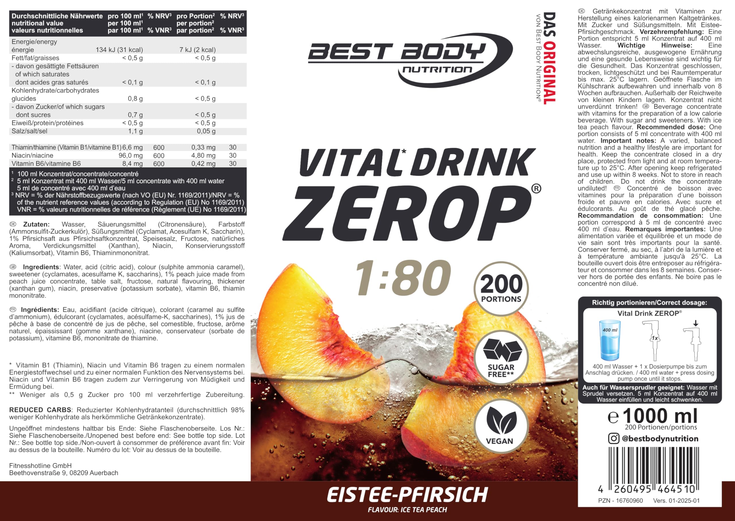 Best Body Nutrition ZEROP Vital Zuckerfreies Getränkekonzentrat Sirup Kirsche Ohne Aspartam 1 L ergibt 80 L Getränk Fitness Drink mit Vitaminen B1 B6 Niacin Kalorienarm Wassersprudler