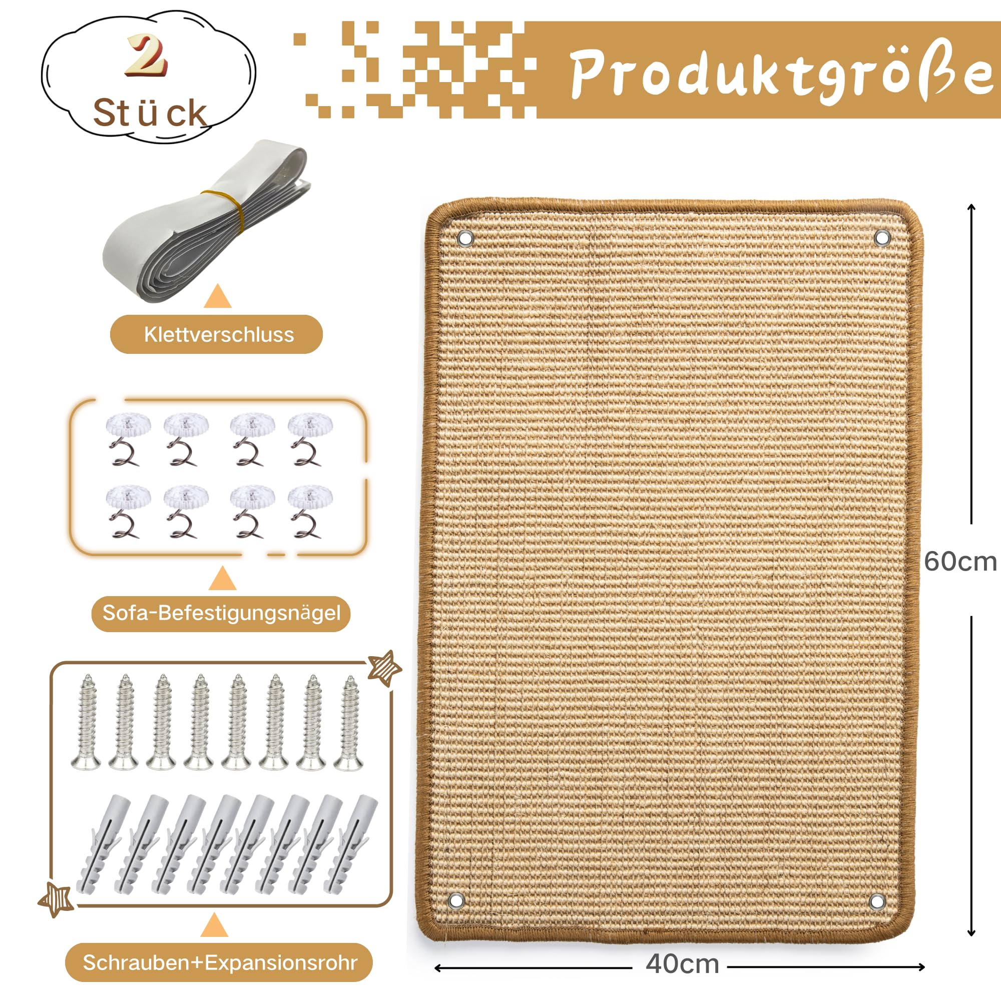 2 Stück Kratzmatte aus Sisal, Kratzmatte für Katzen, mit Klebeband, Katzenkratzmatte, Teppich zum Schutz der Wand, 60 × 25 cm (Braun)