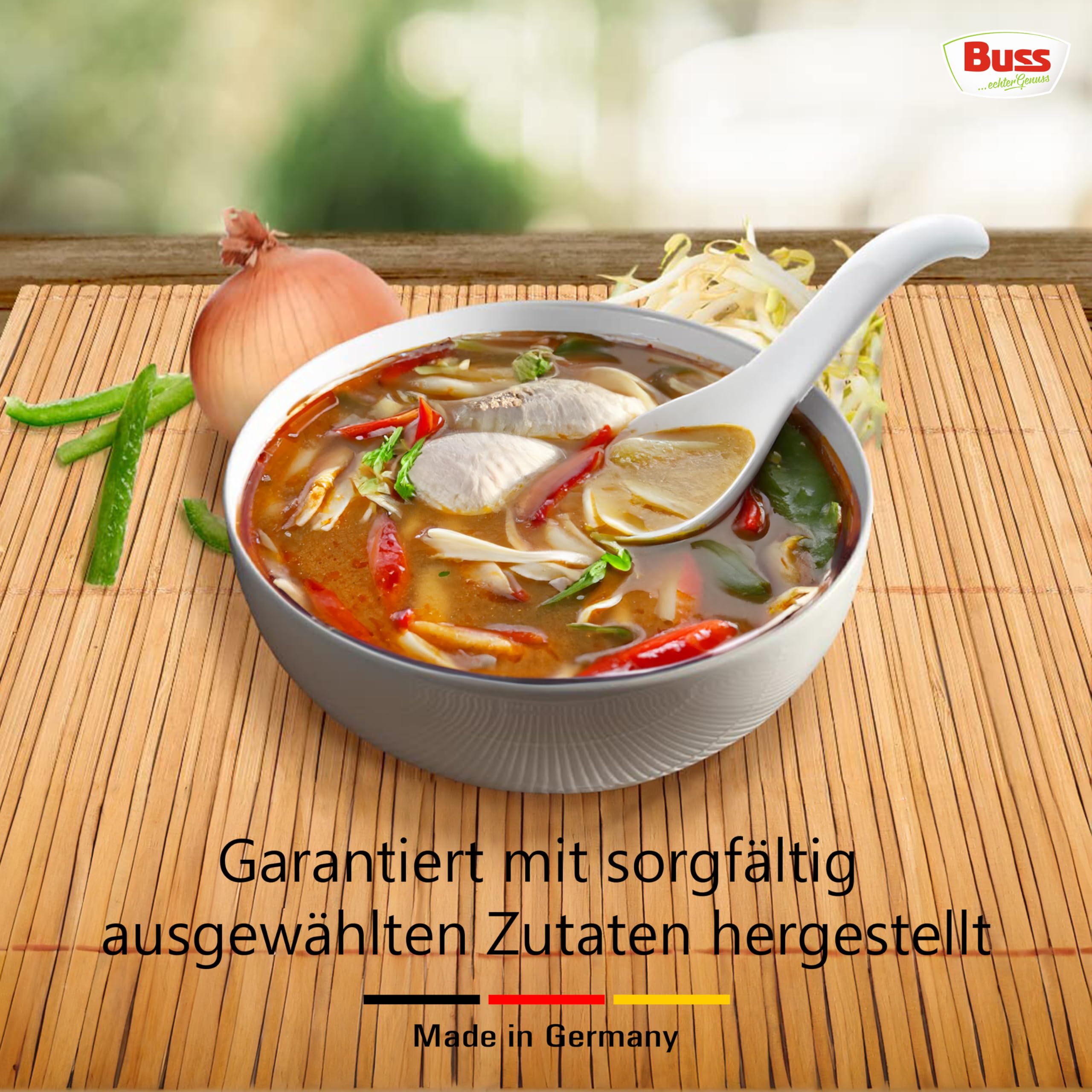 Buss Asia Suppen - Bihunsuppe Original nach indonesischer Art - Milde Asia Suppe mit Paprika, Hühnerfleisch und Glasnudeln - Schnelle Fertiggerichte zum Aufwärmen in Mikrowelle & Topf - 12 x 400g