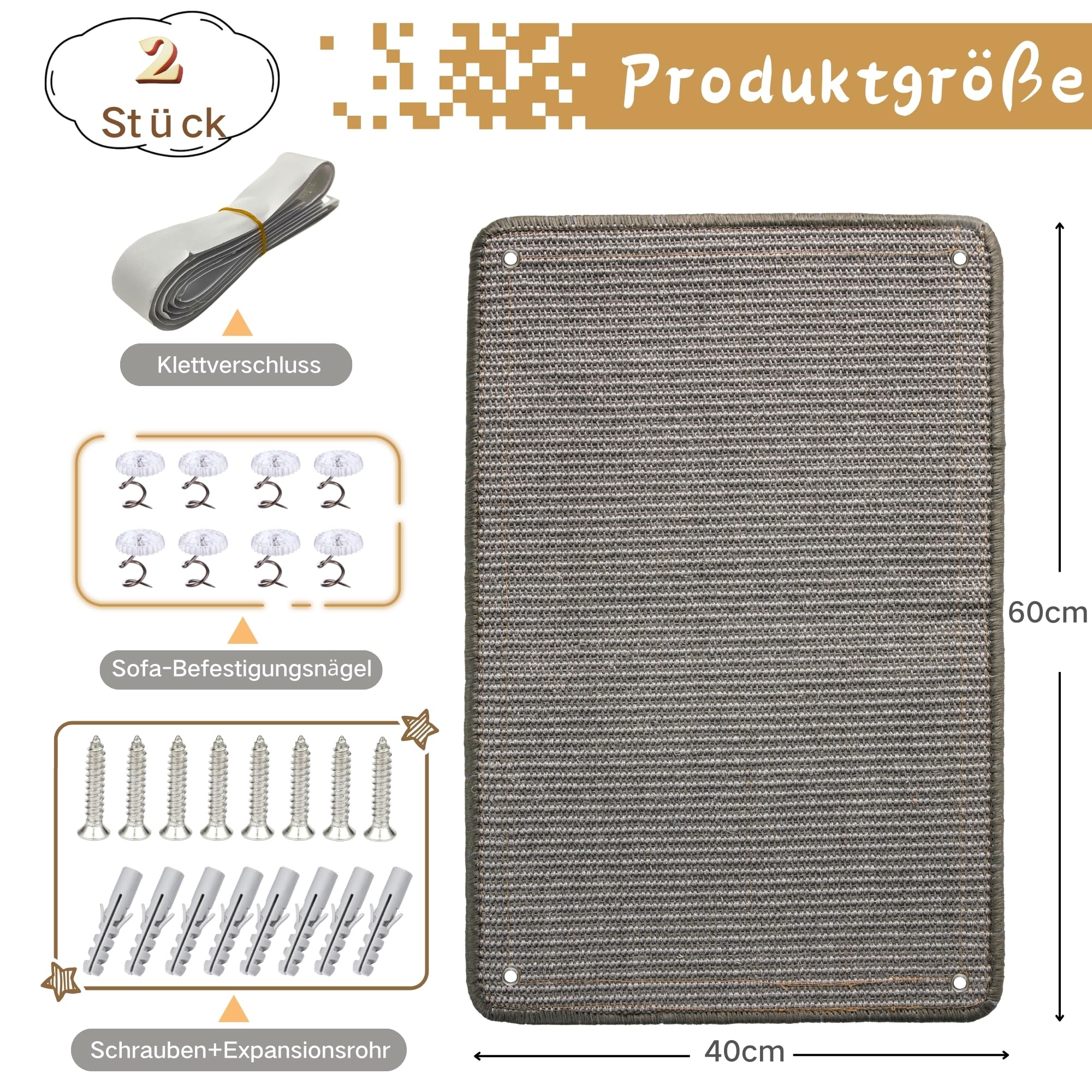 2 Stück Kratzmatte aus Sisal, Kratzmatte für Katzen, mit Klebeband, Katzenkratzmatte, Teppich zum Schutz der Wand, 60 × 25 cm (Braun)
