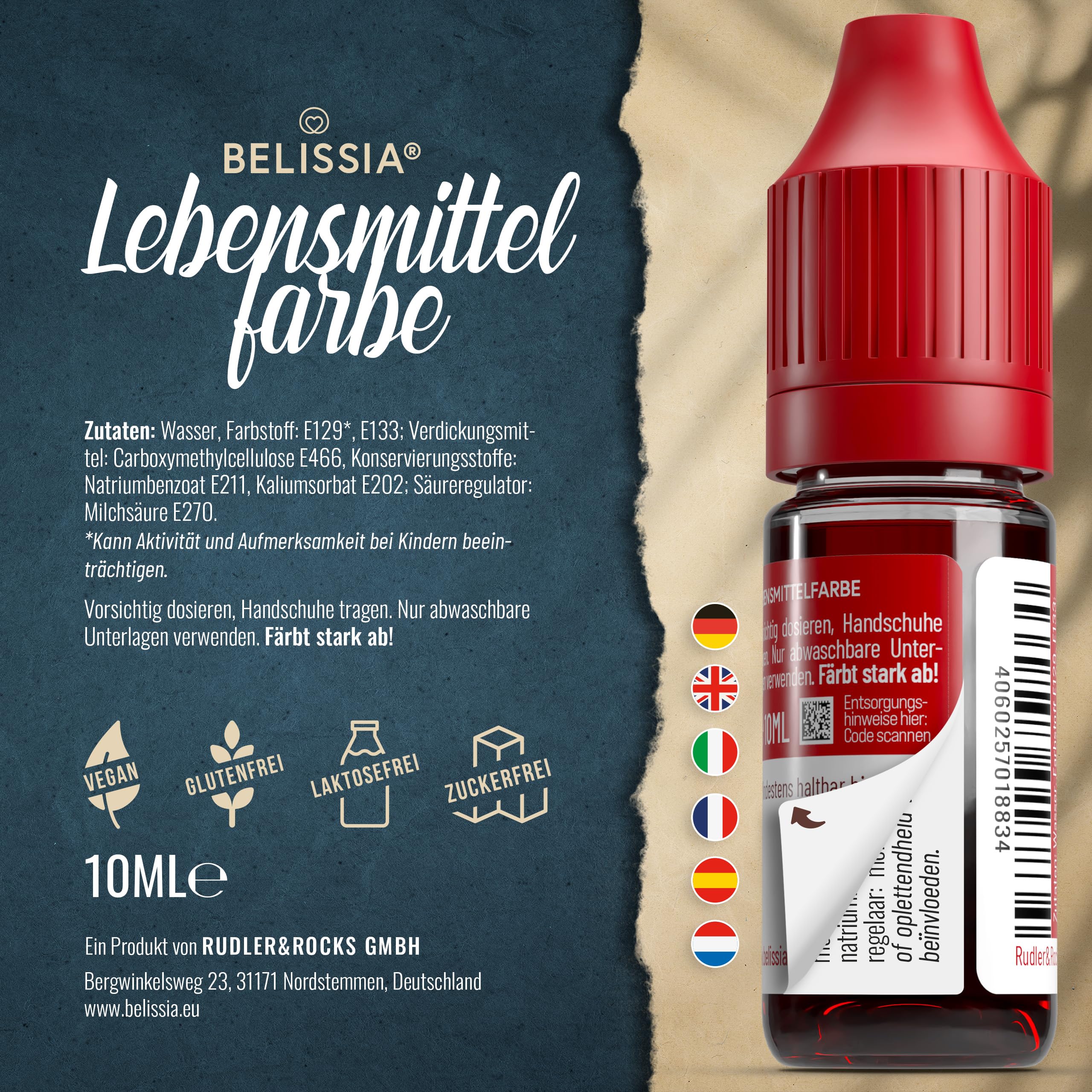 Belissia Lebensmittelfarbe Set – 8x10ml flüssig & hochkonzentriert – Lebensmittelechte Speisefarbe zum Backen, Kochen, Fondant & DIY - vegan, stark färbend, geschmacksneutral